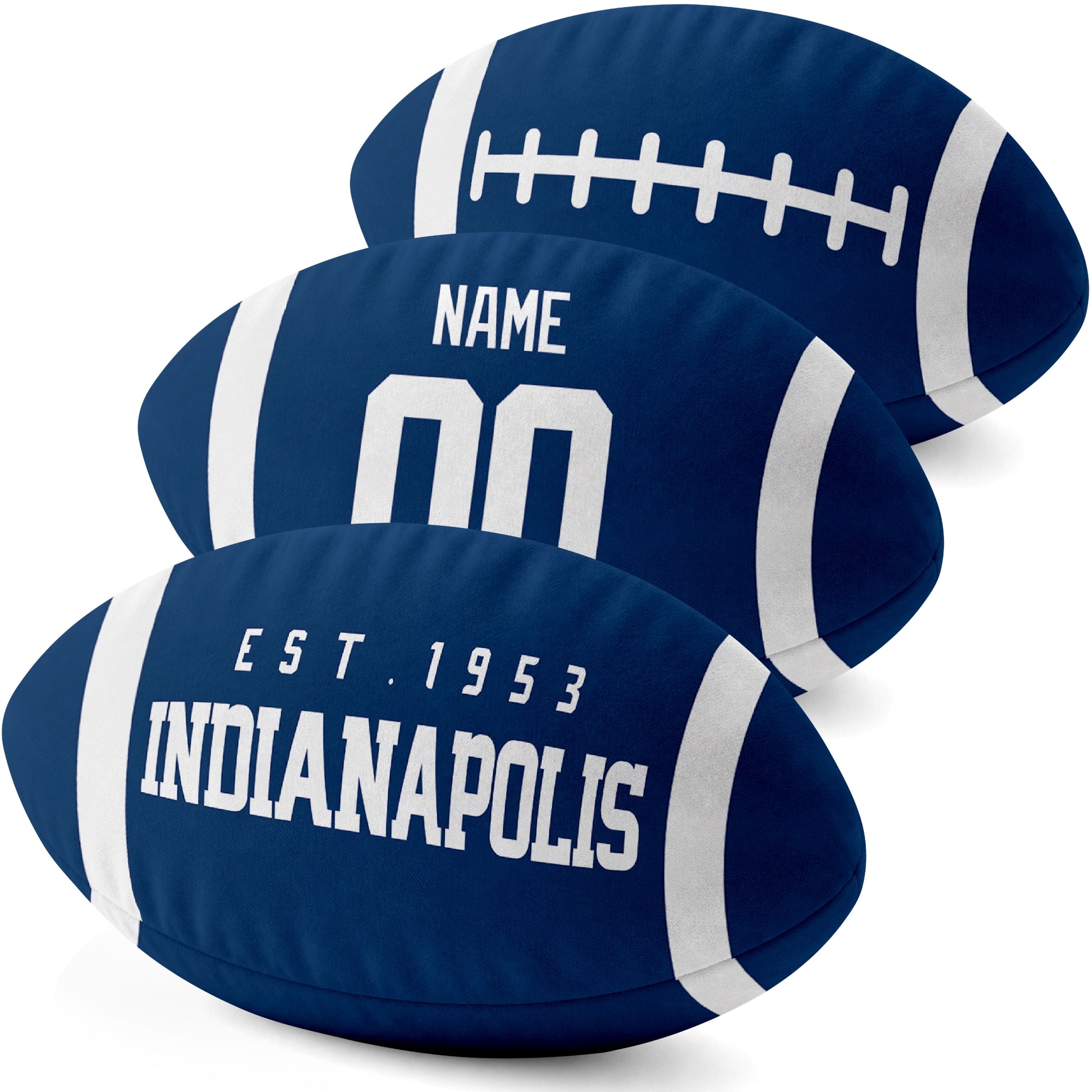 Indianapolis personalized football shaped pillow three color angle display with city side custom name number side and lace detail