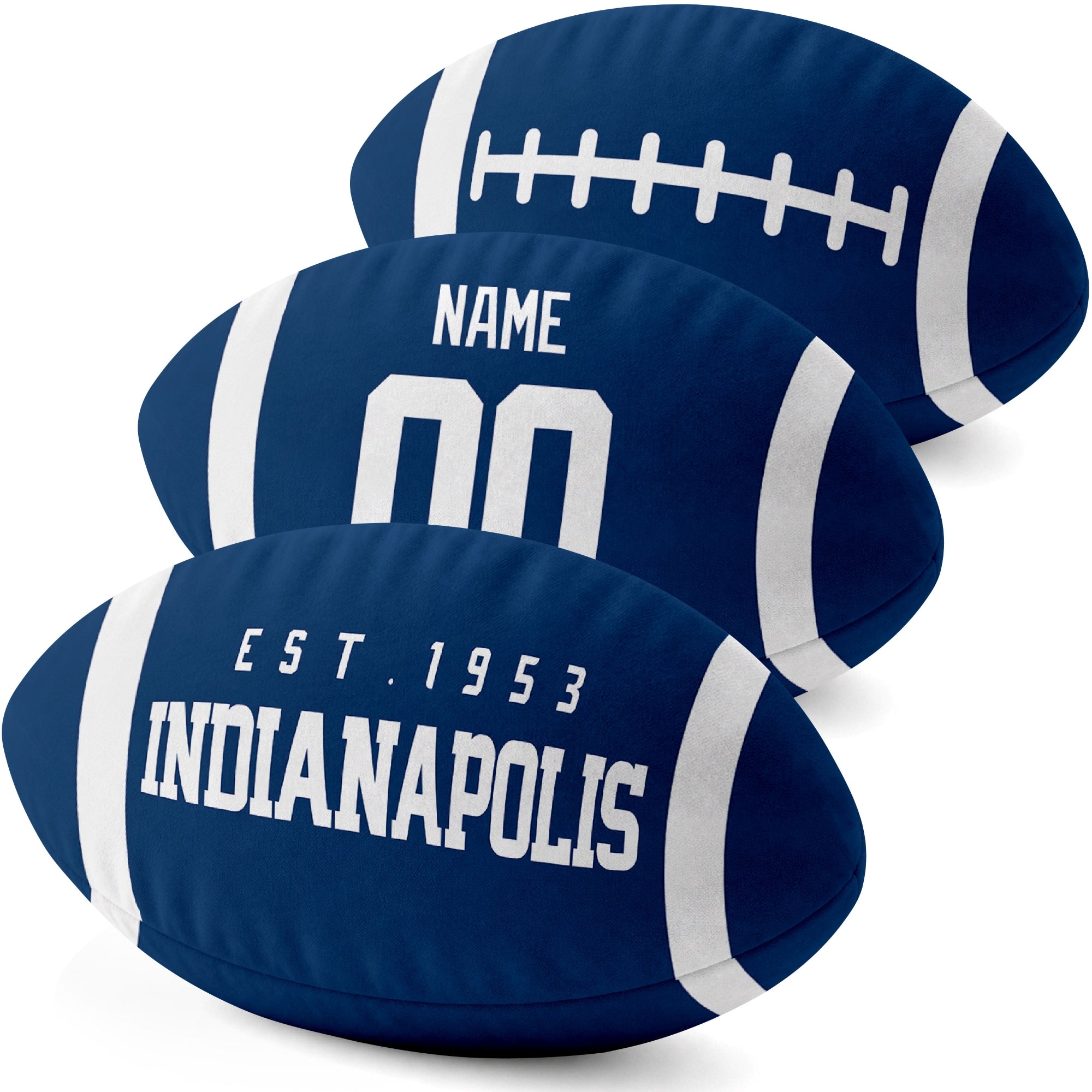 Indianapolis personalized football shaped pillow three color angle display with city side custom name number side and lace detail