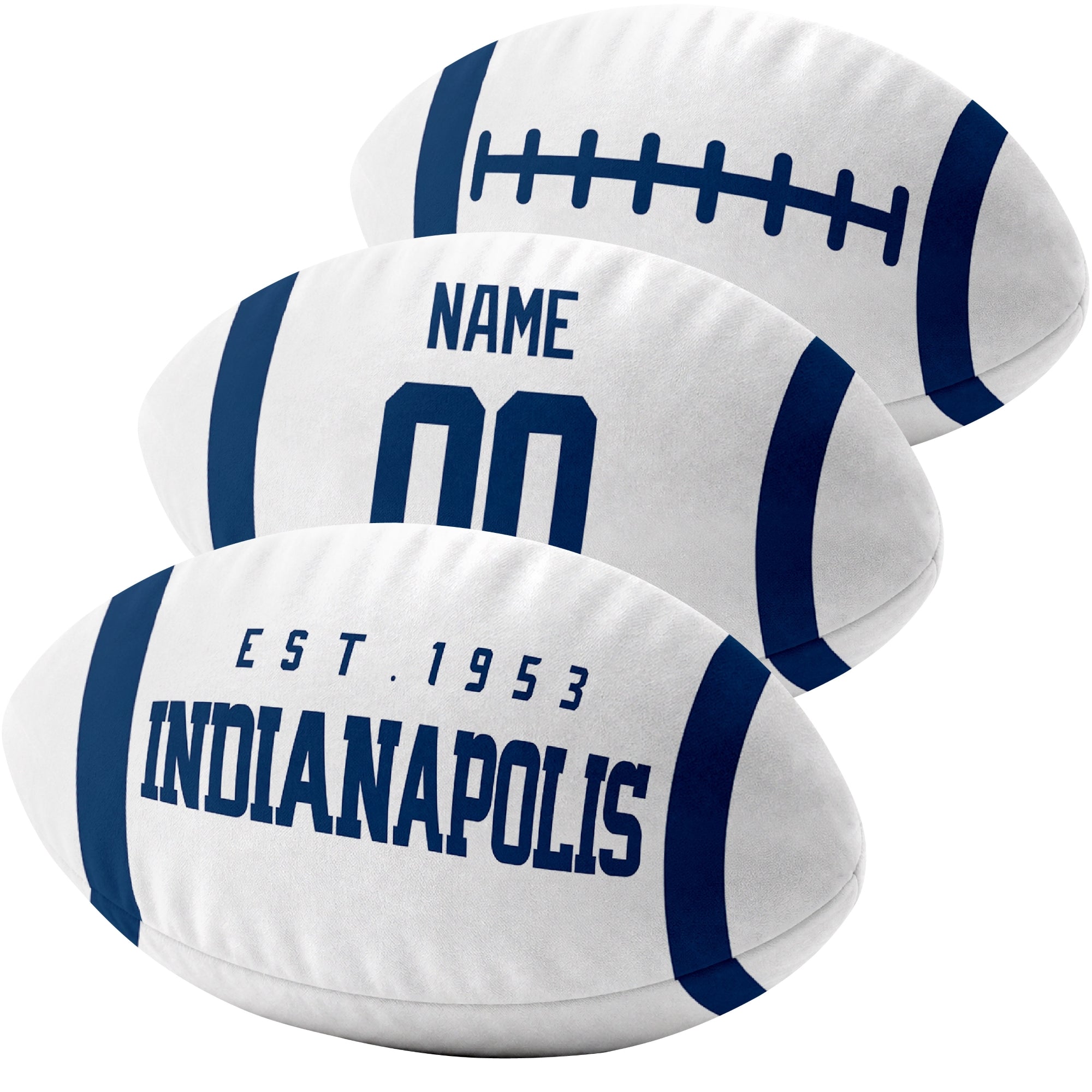 Indianapolis custom football pillow multi angle comparison in Royal, White and Gray