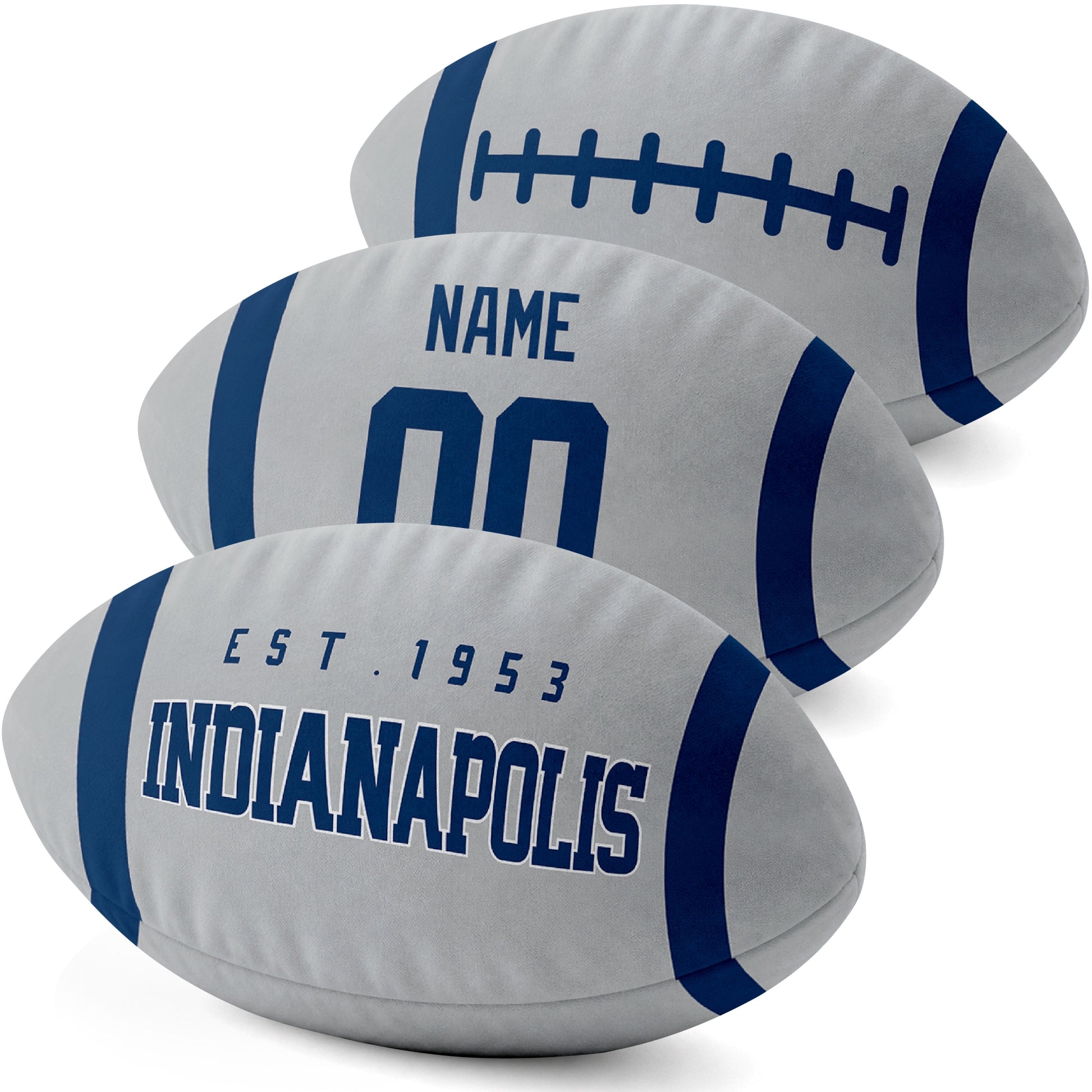 Indianapolis personalized football pillow three color display highlighting the oval shape and contrasting end stripes