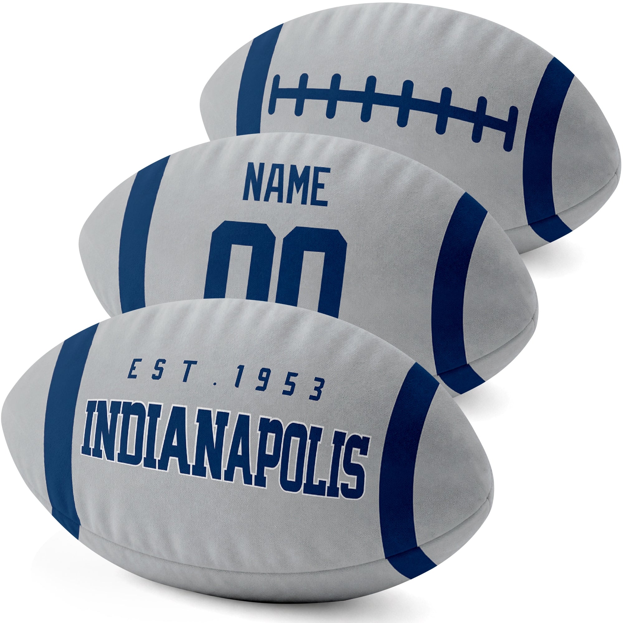 Indianapolis personalized football pillow three color display highlighting the oval shape and contrasting end stripes