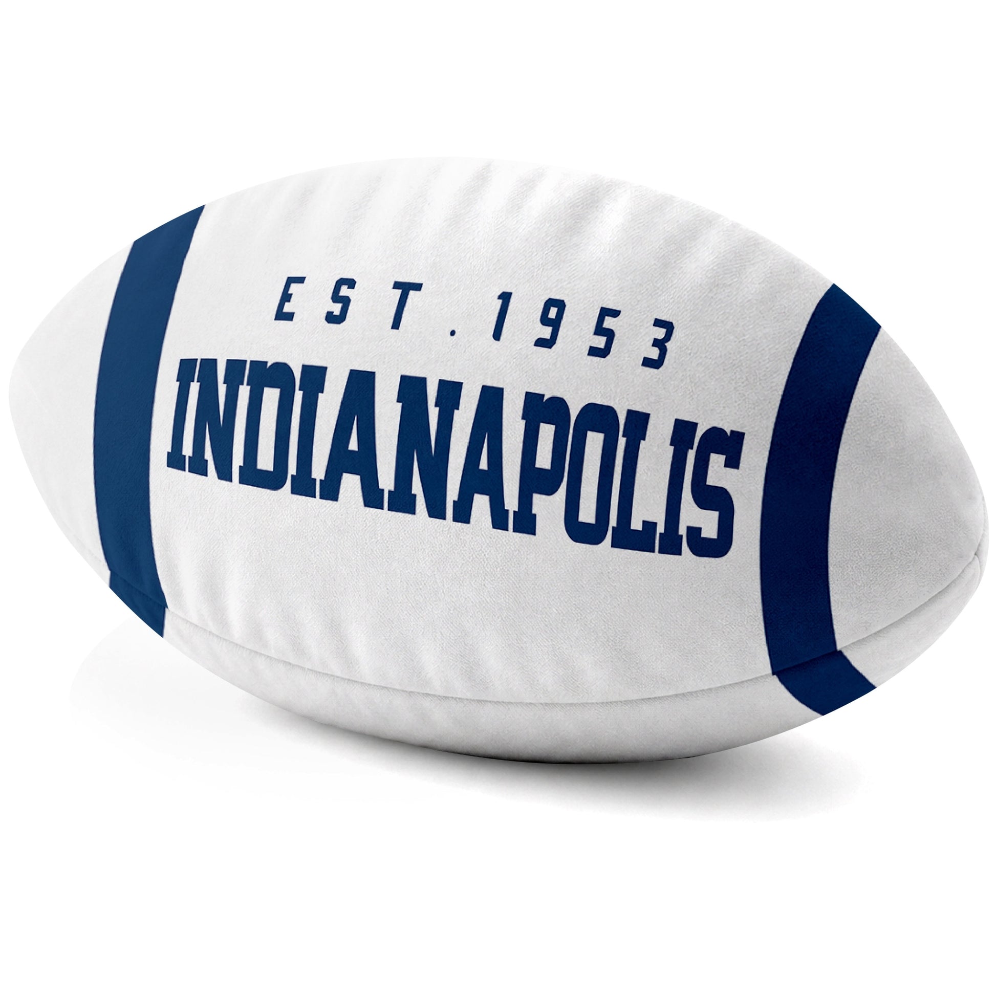 Indianapolis White football shaped pillow city lettering side view