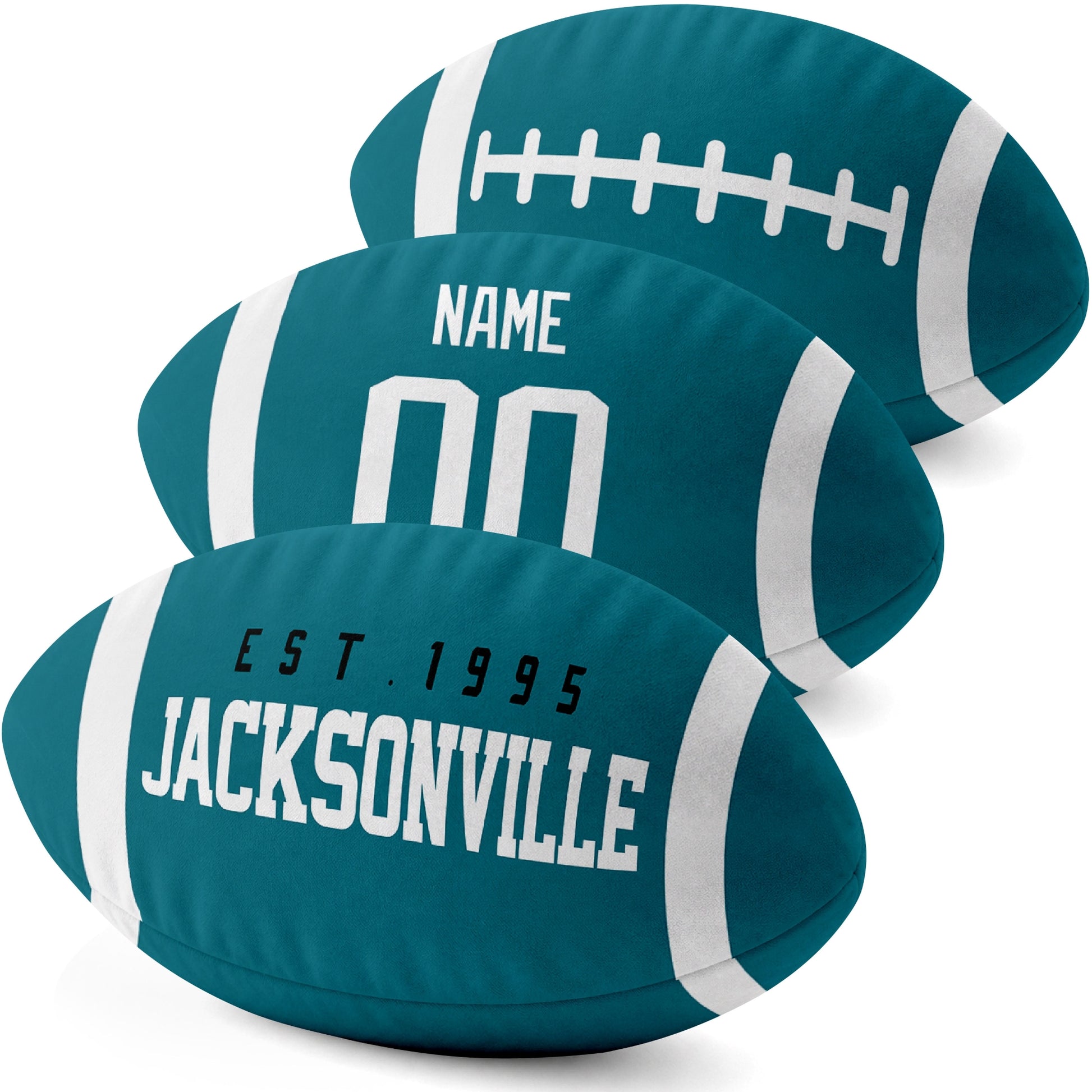 Jacksonville personalized football shaped pillow three color angle display with city side custom name number side and lace detail