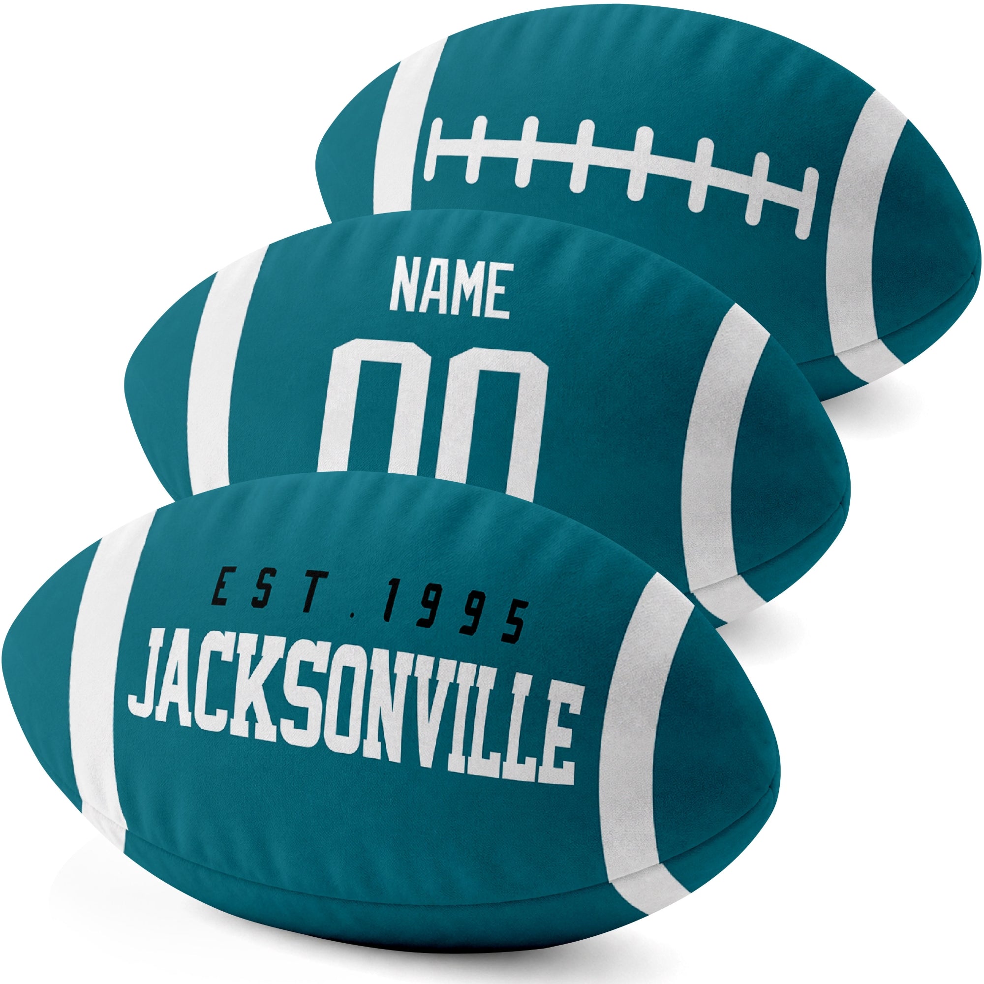 Jacksonville personalized football shaped pillow three color angle display with city side custom name number side and lace detail