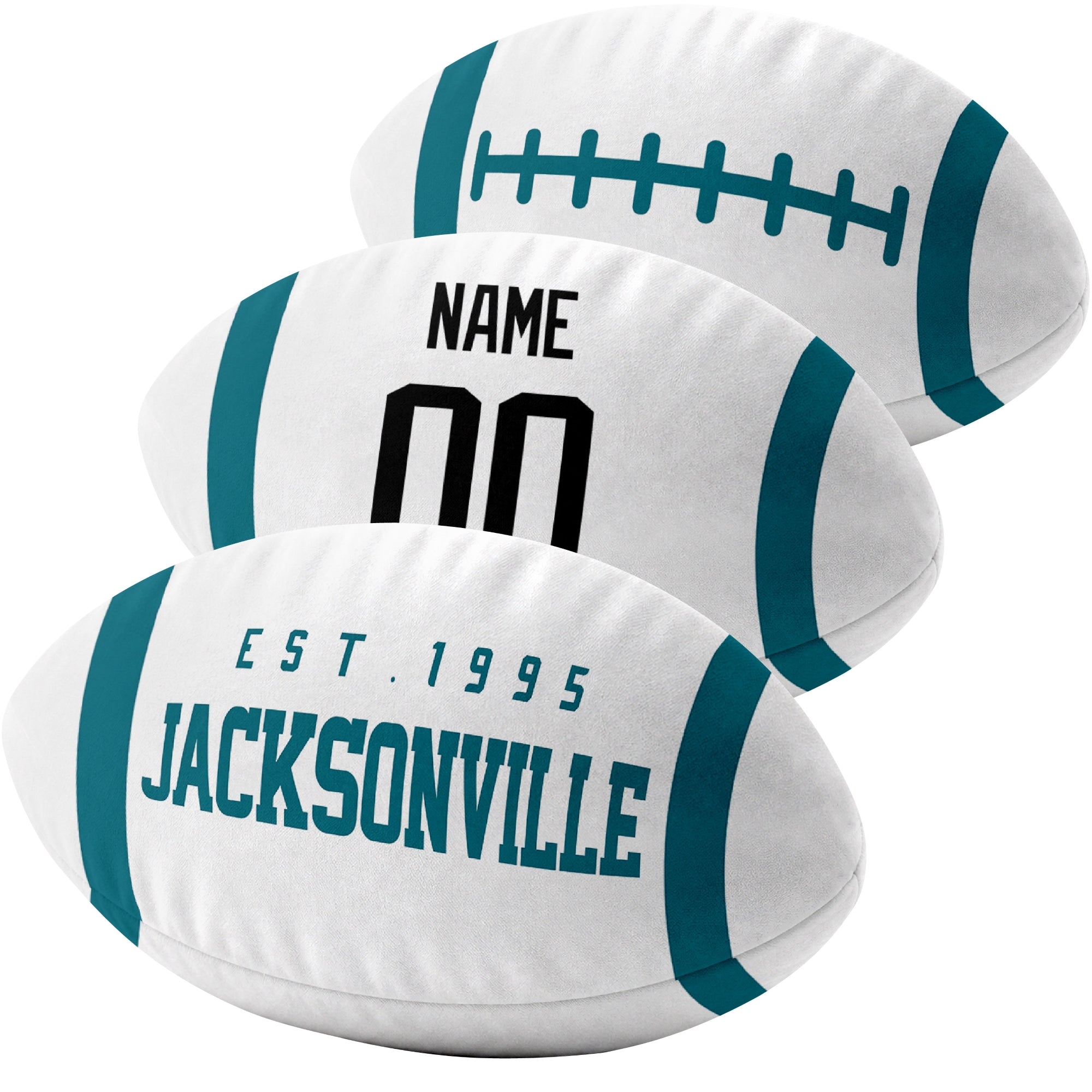 Jacksonville custom football pillow multi angle comparison in Teal, White and Black