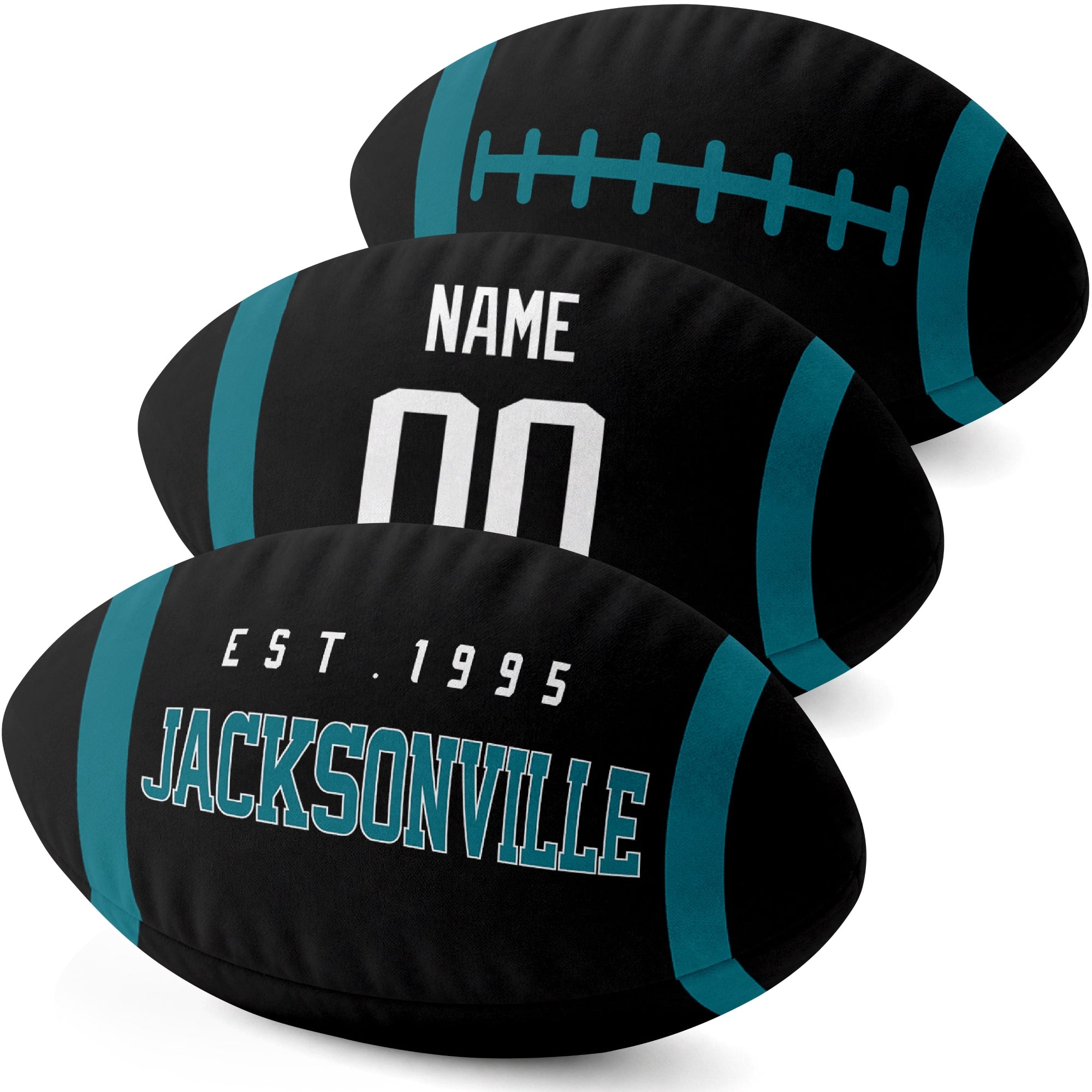Jacksonville personalized football pillow three color display highlighting the oval shape and contrasting end stripes
