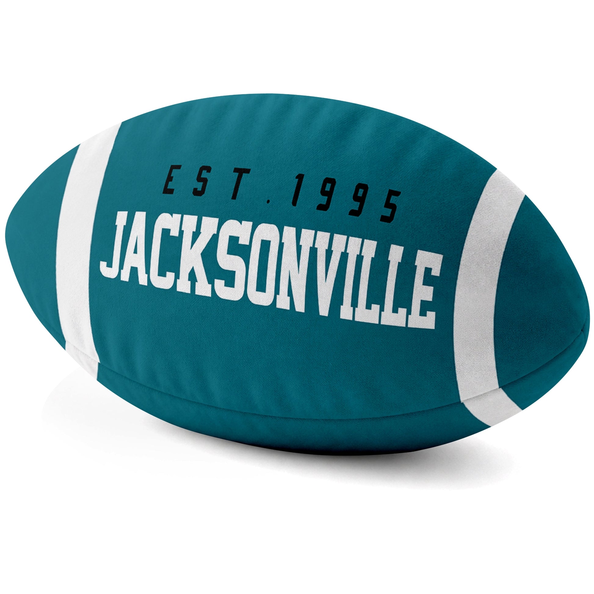 Jacksonville Teal football shaped pillow city lettering side view
