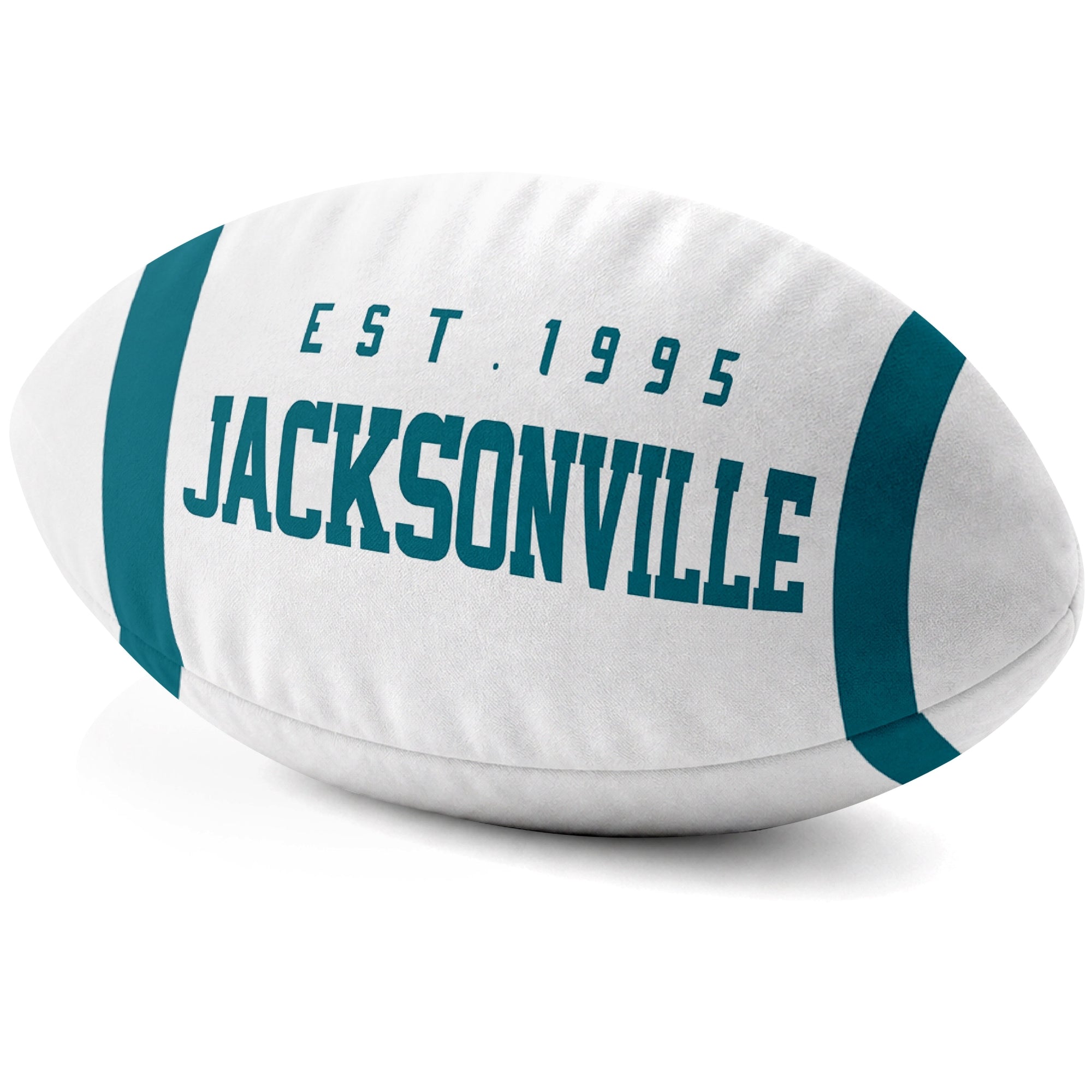 Jacksonville White football shaped pillow city lettering side view