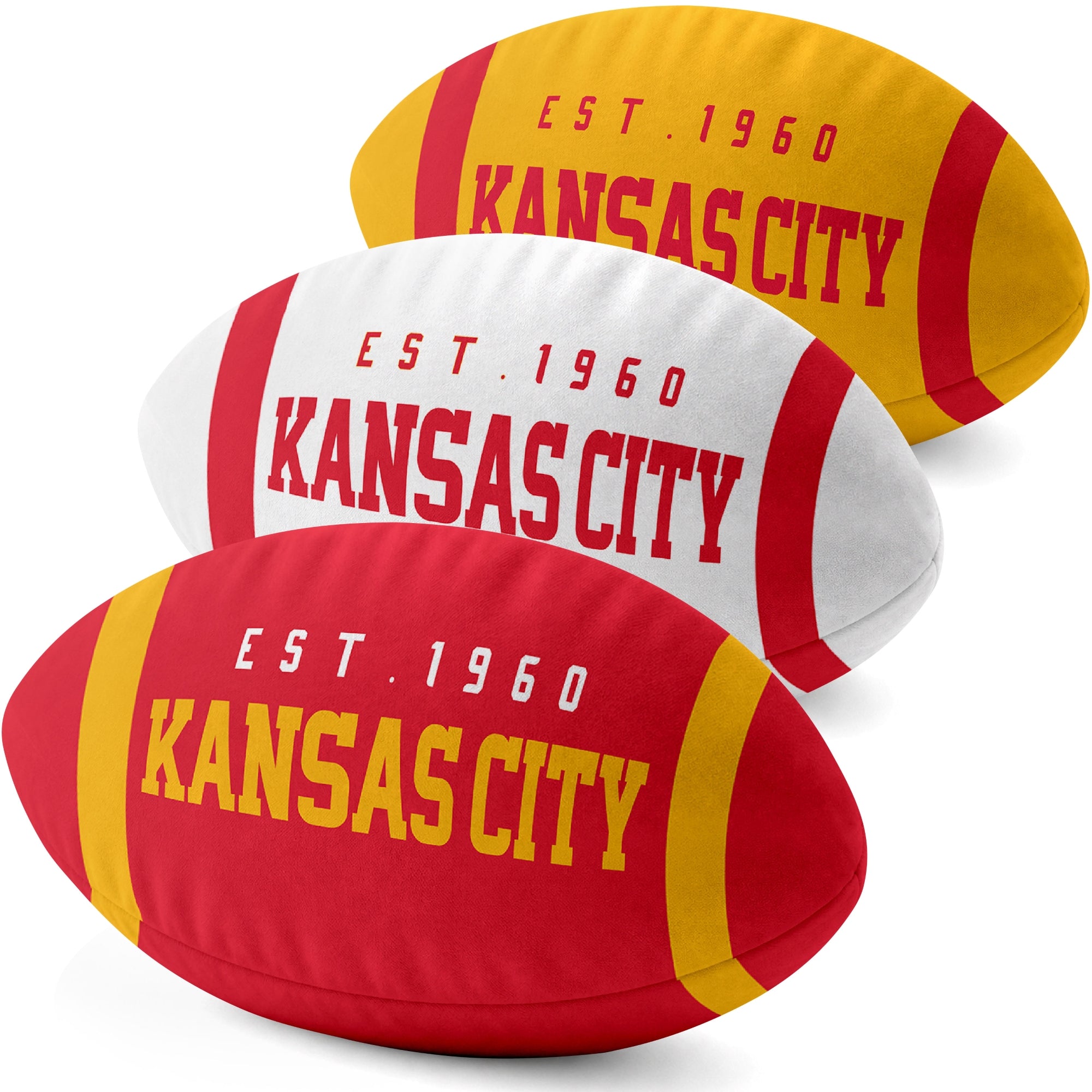 Kansas City personalized football shaped pillow collection in Red, White and Gold with city lettering