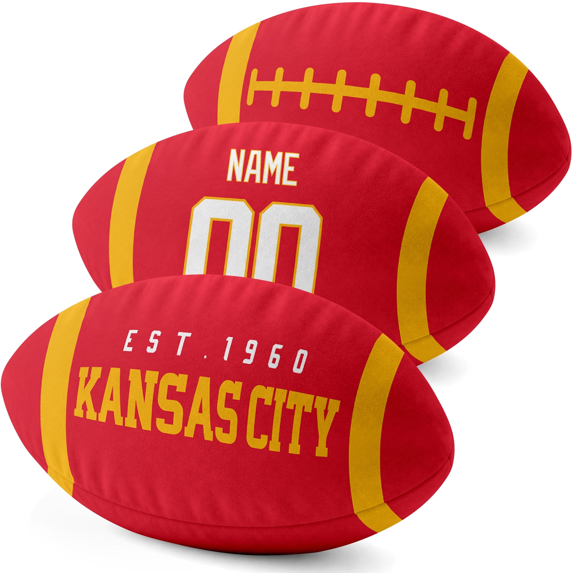 Kansas City personalized football shaped pillow three color angle display with city side custom name number side and lace detail