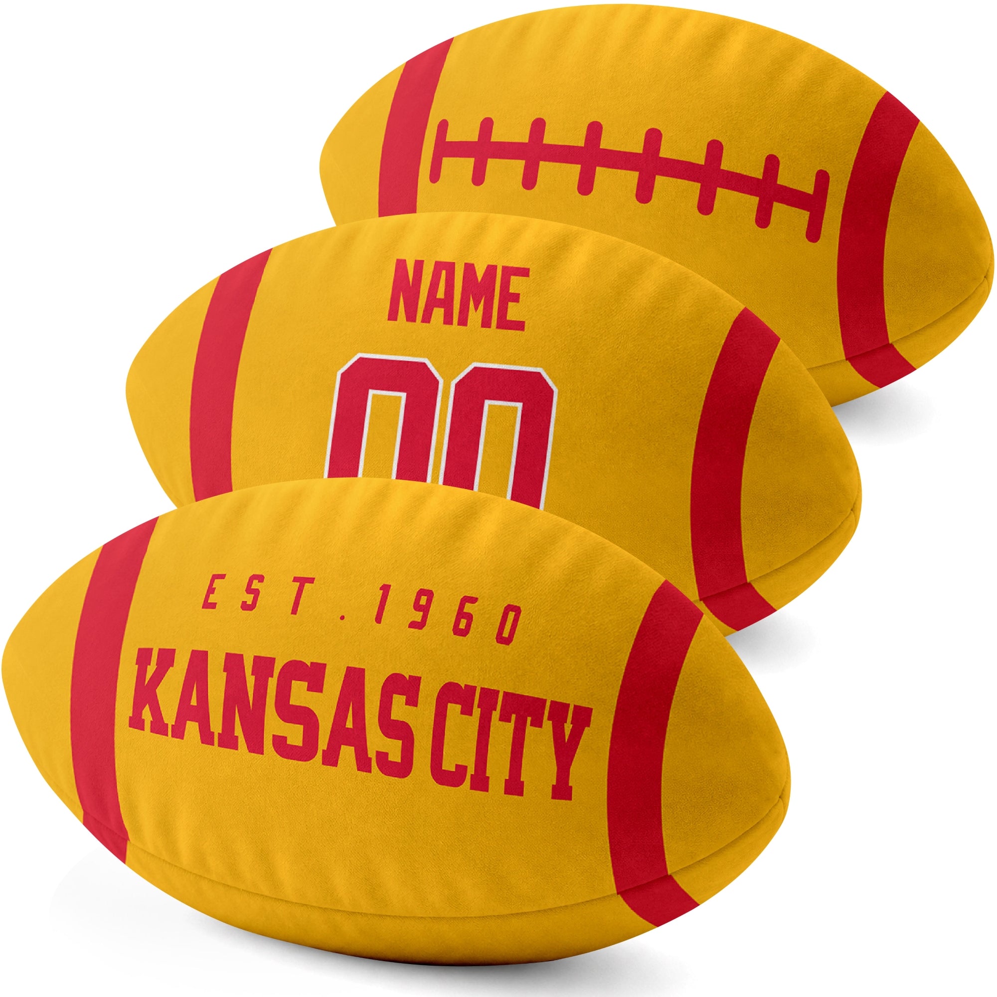 Kansas City personalized football pillow three color display highlighting the oval shape and contrasting end stripes