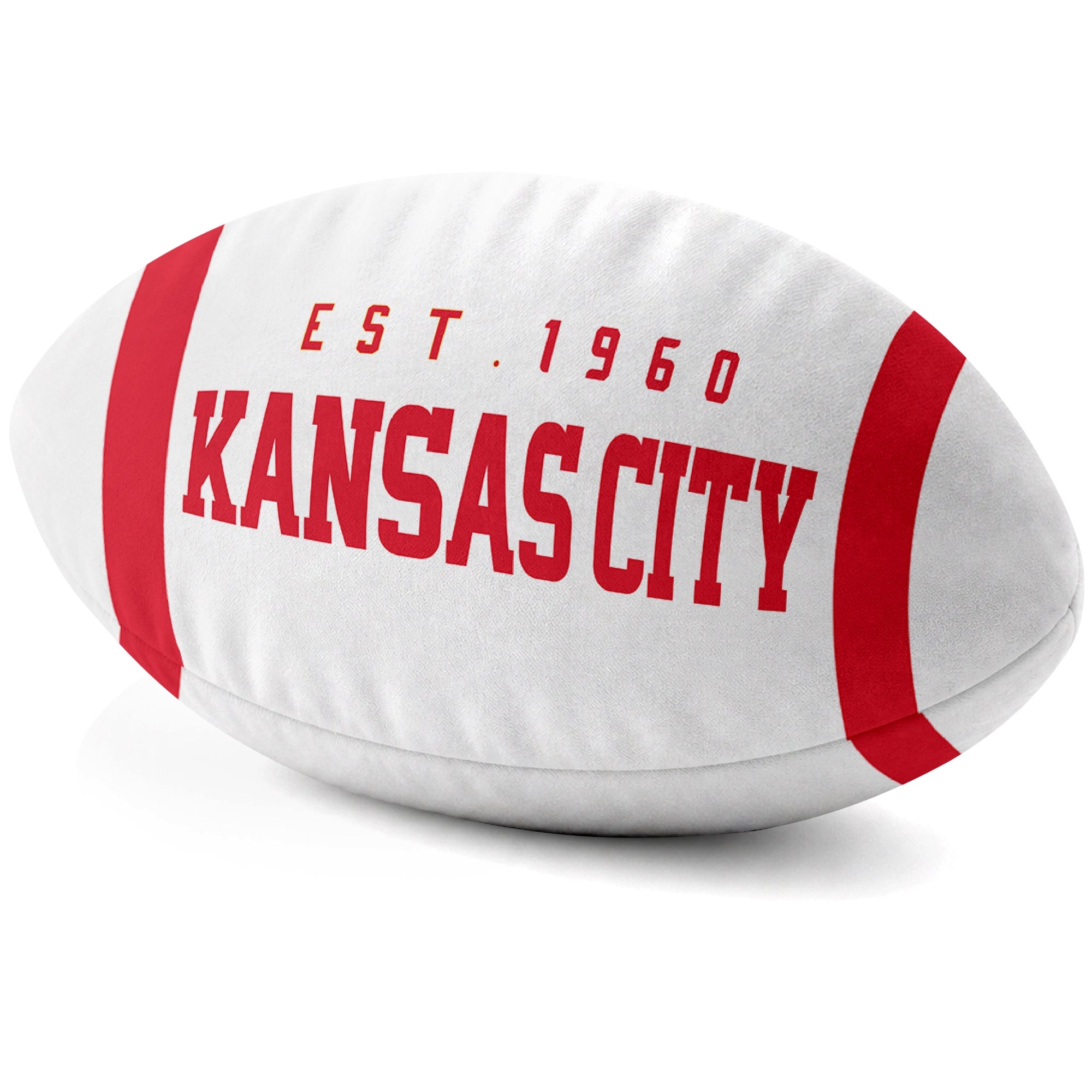 Kansas City White football shaped pillow city lettering side view