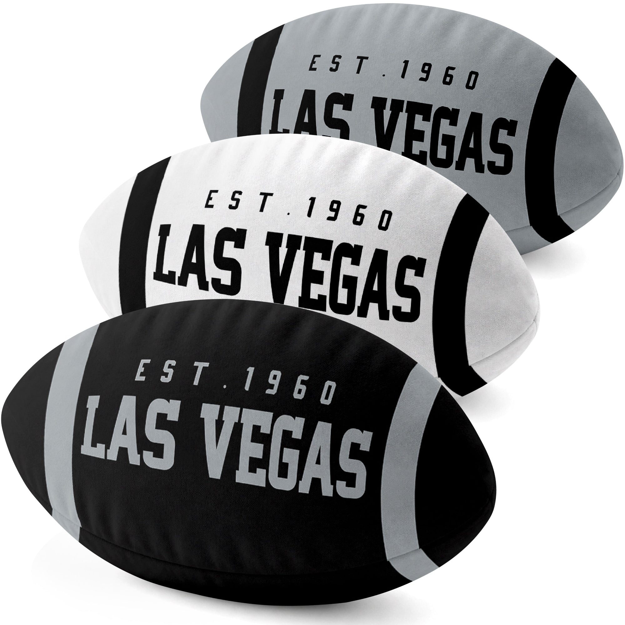 Las Vegas personalized football shaped pillow collection in Black, White and Gray with city lettering