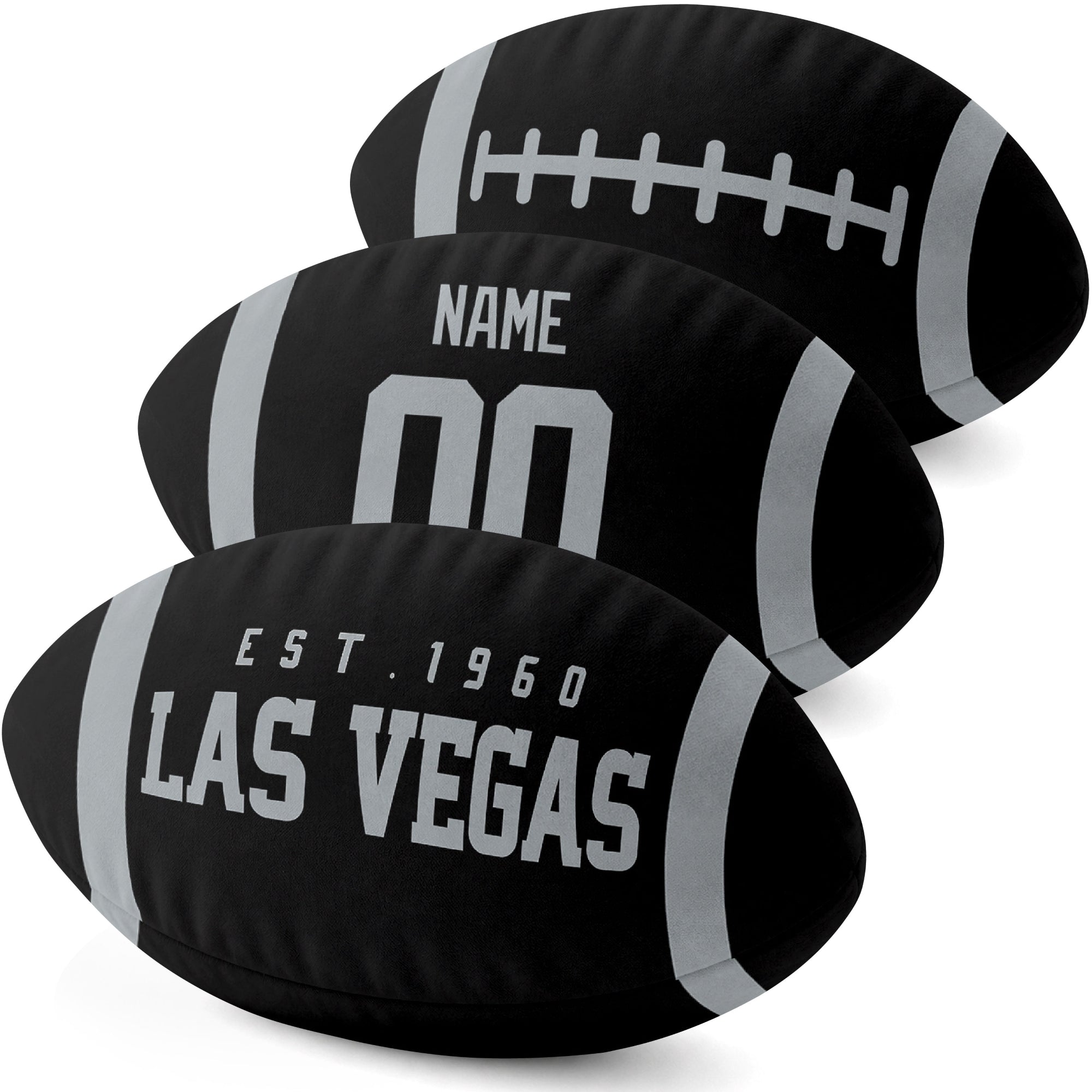 Las Vegas personalized football shaped pillow three color angle display with city side custom name number side and lace detail
