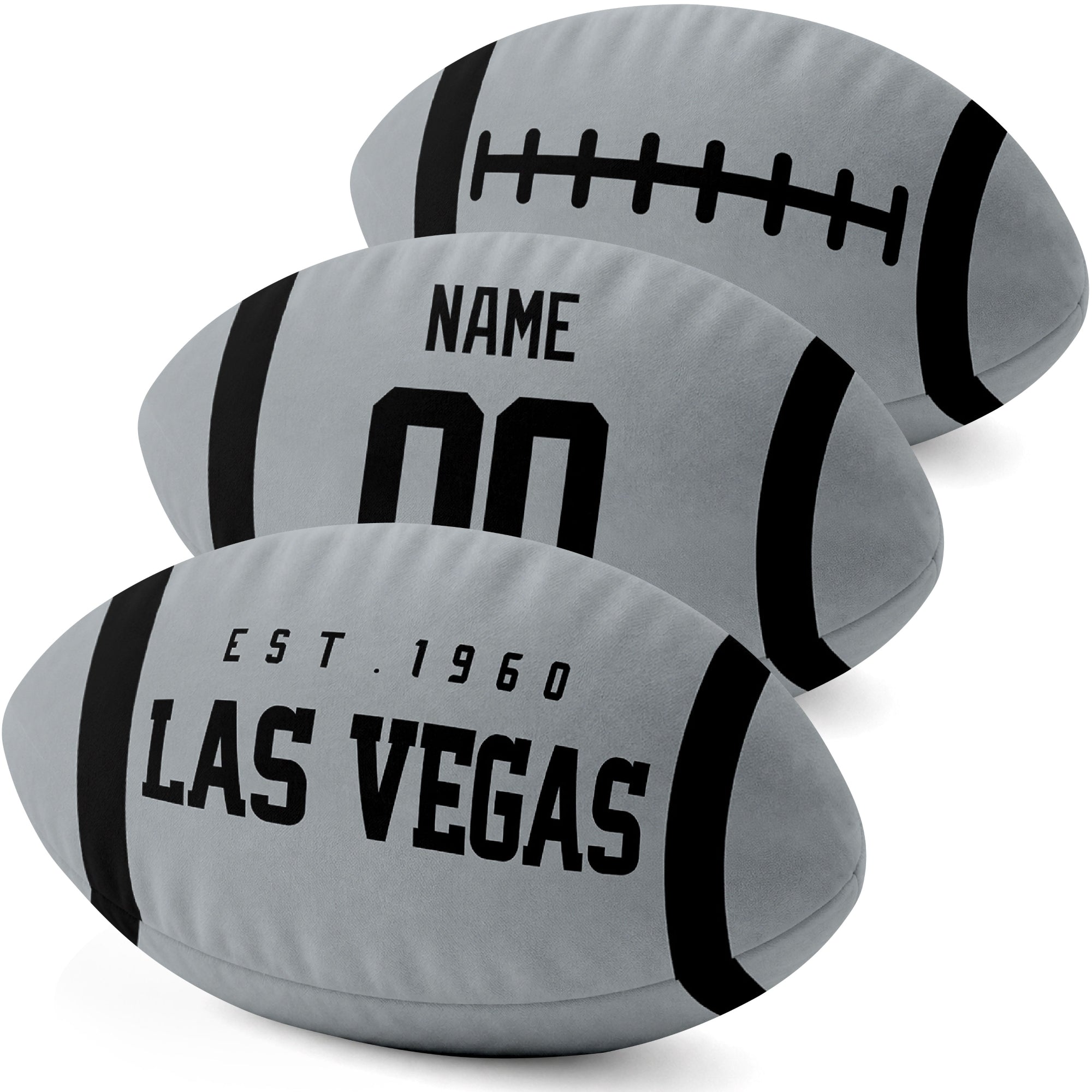 Las Vegas personalized football pillow three color display highlighting the oval shape and contrasting end stripes