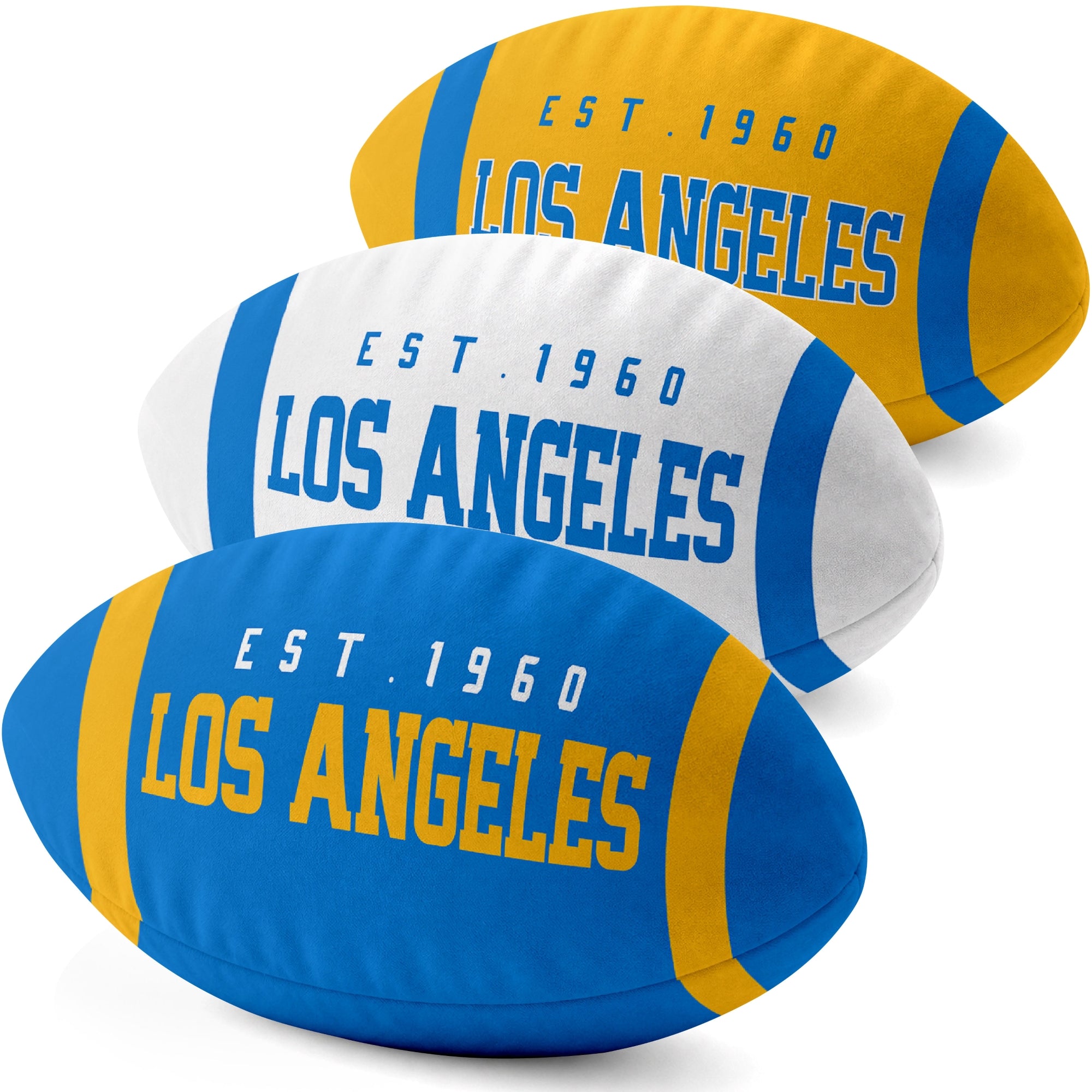 Los Angeles Blue personalized football shaped pillow collection in Blue, White and Gold with city lettering