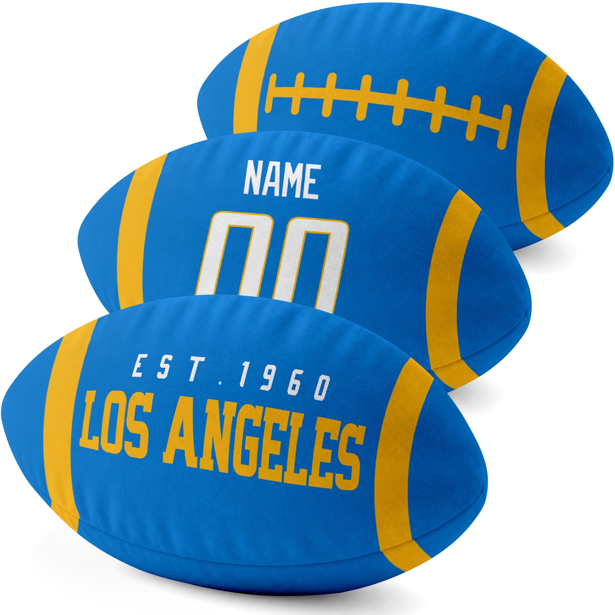 Los Angeles Blue personalized football shaped pillow three color angle display with city side custom name number side and lace detail