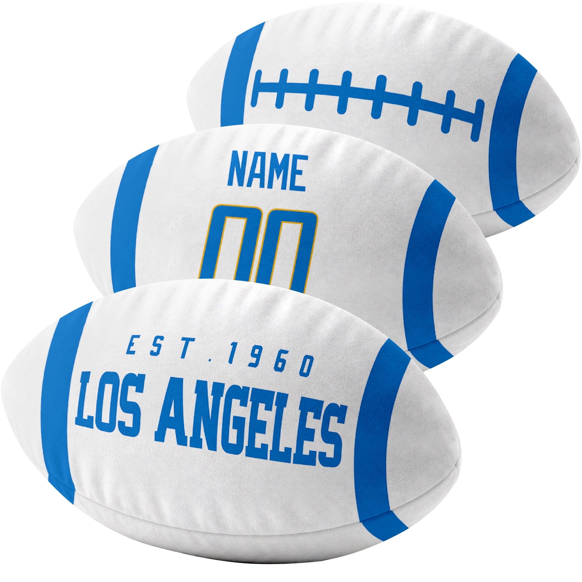 Los Angeles Blue custom football pillow multi angle comparison in Blue, White and Gold
