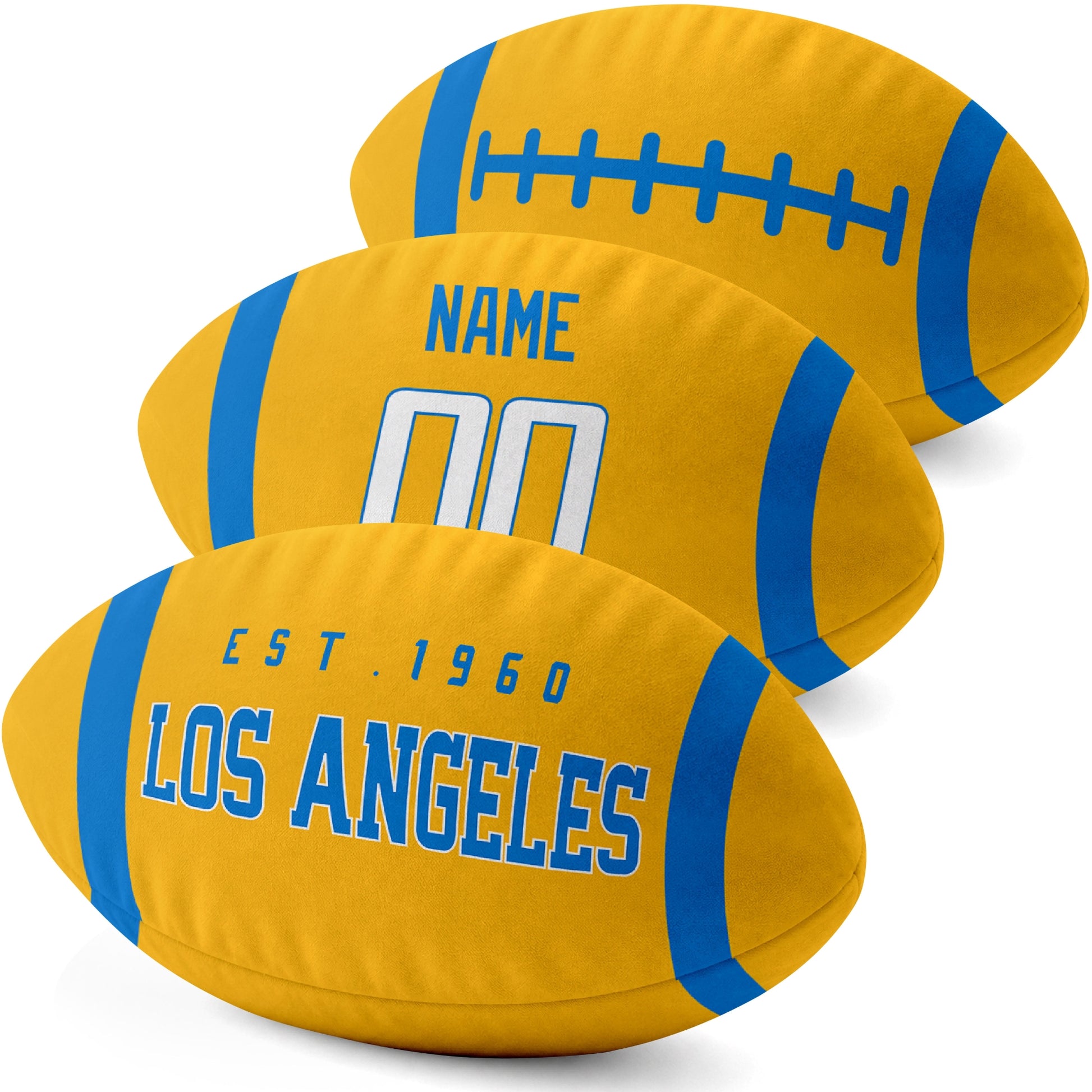 Los Angeles Blue personalized football pillow three color display highlighting the oval shape and contrasting end stripes