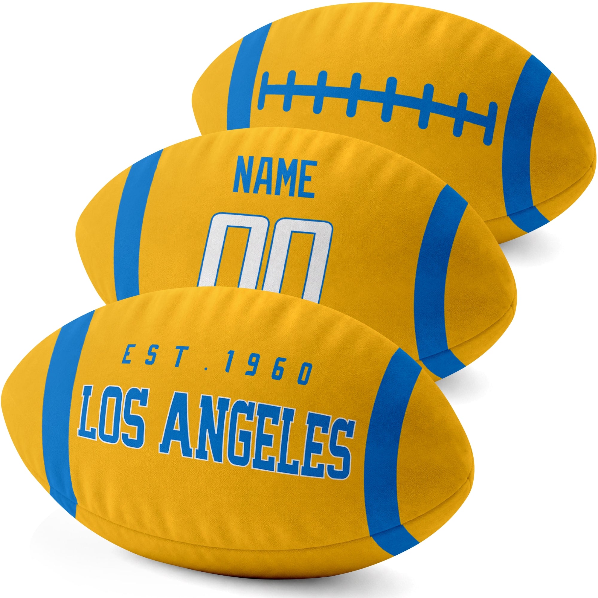 Los Angeles Blue personalized football pillow three color display highlighting the oval shape and contrasting end stripes