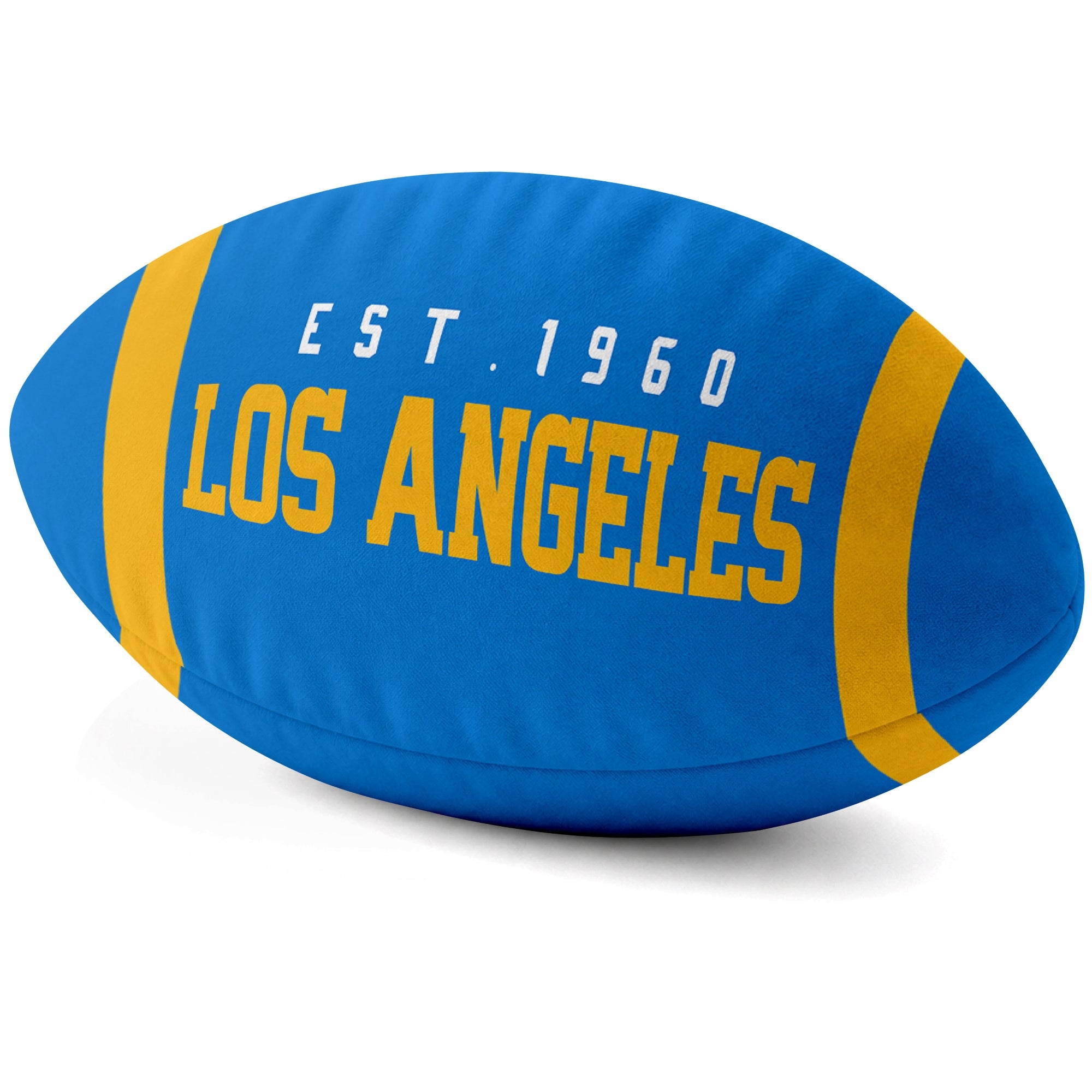 Los Angeles Blue Blue football shaped pillow city lettering side view