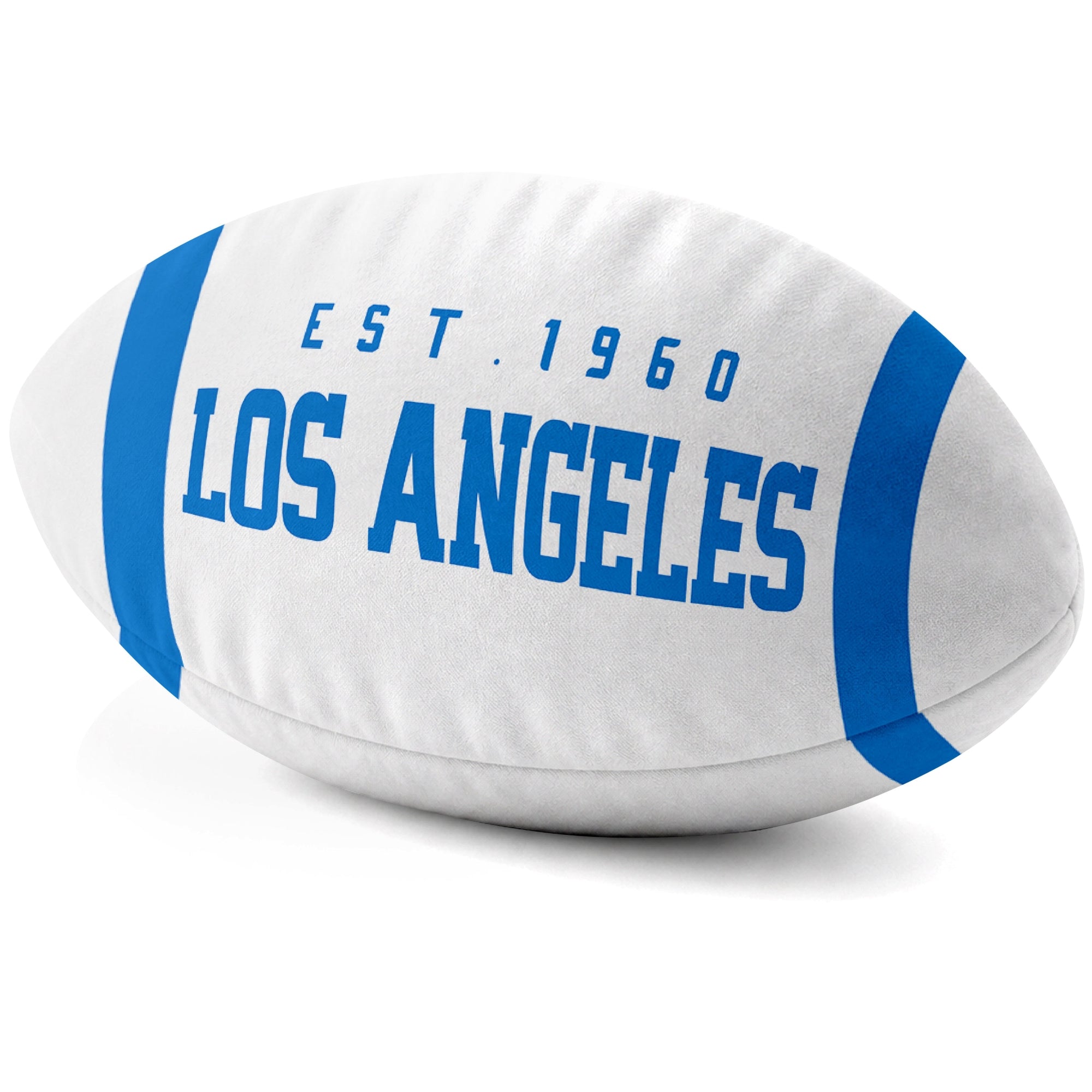 Los Angeles Blue White football shaped pillow city lettering side view
