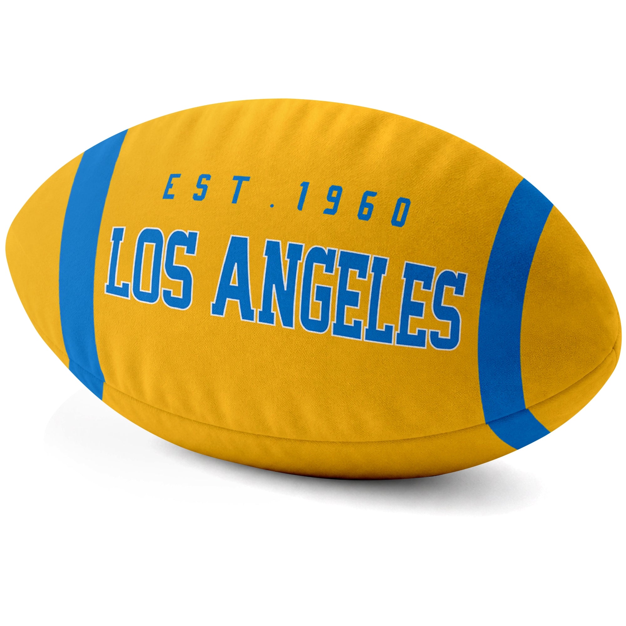 Los Angeles Blue Gold football shaped pillow city lettering side view
