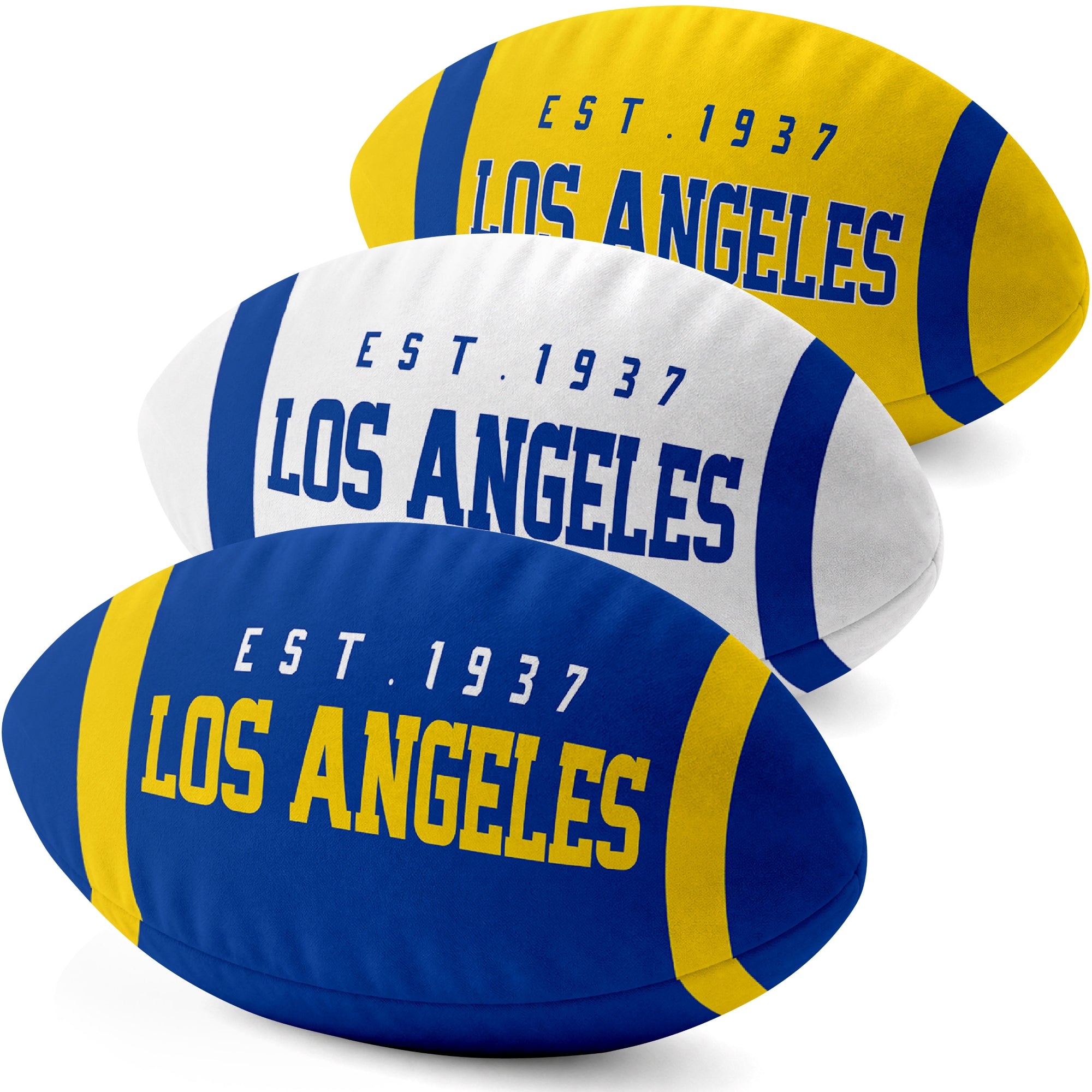 Los Angeles Royal personalized football shaped pillow collection in Royal, White and Gold with city lettering
