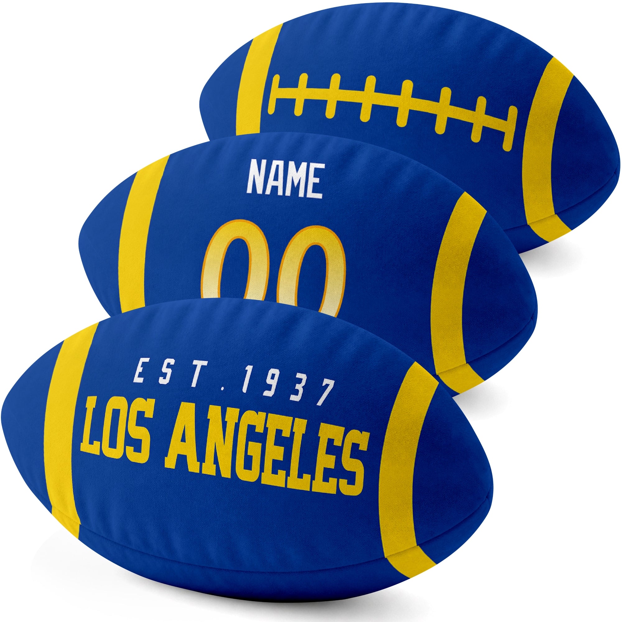 Los Angeles Royal personalized football shaped pillow three color angle display with city side custom name number side and lace detail