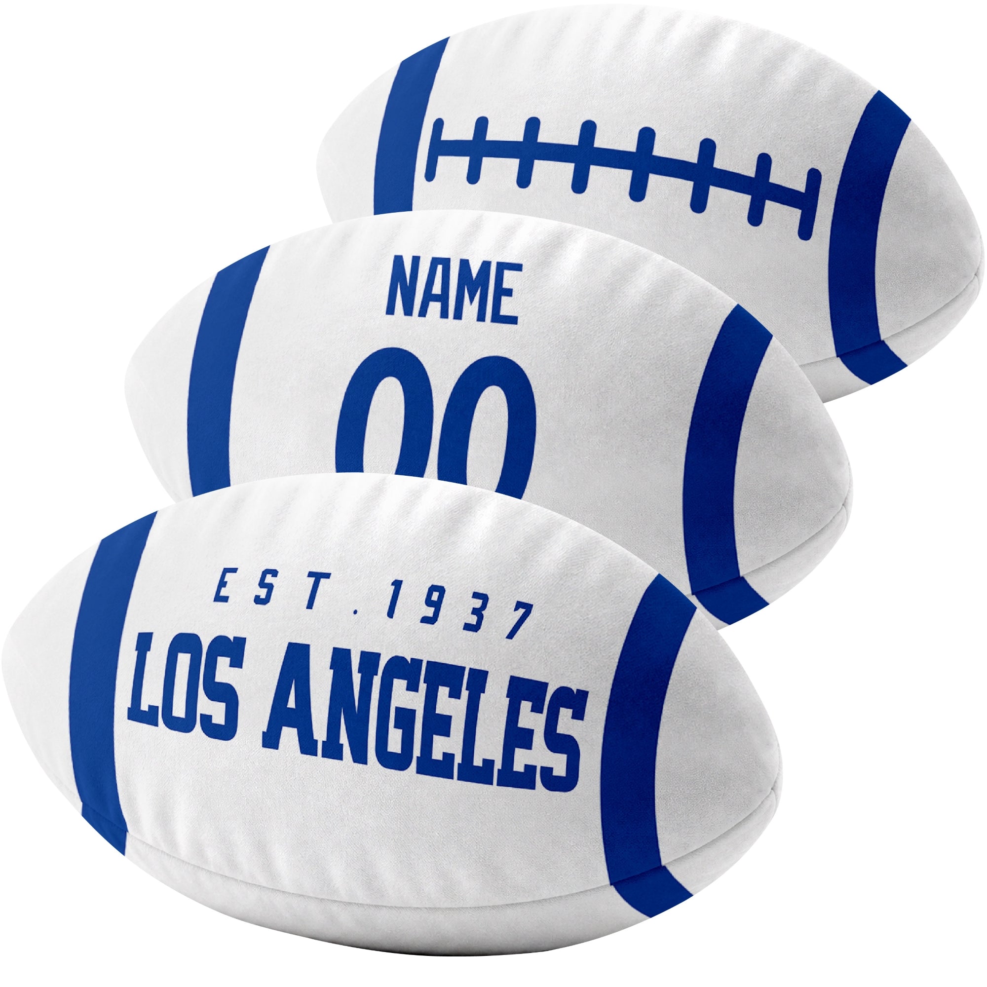 Los Angeles Royal custom football pillow multi angle comparison in Royal, White and Gold