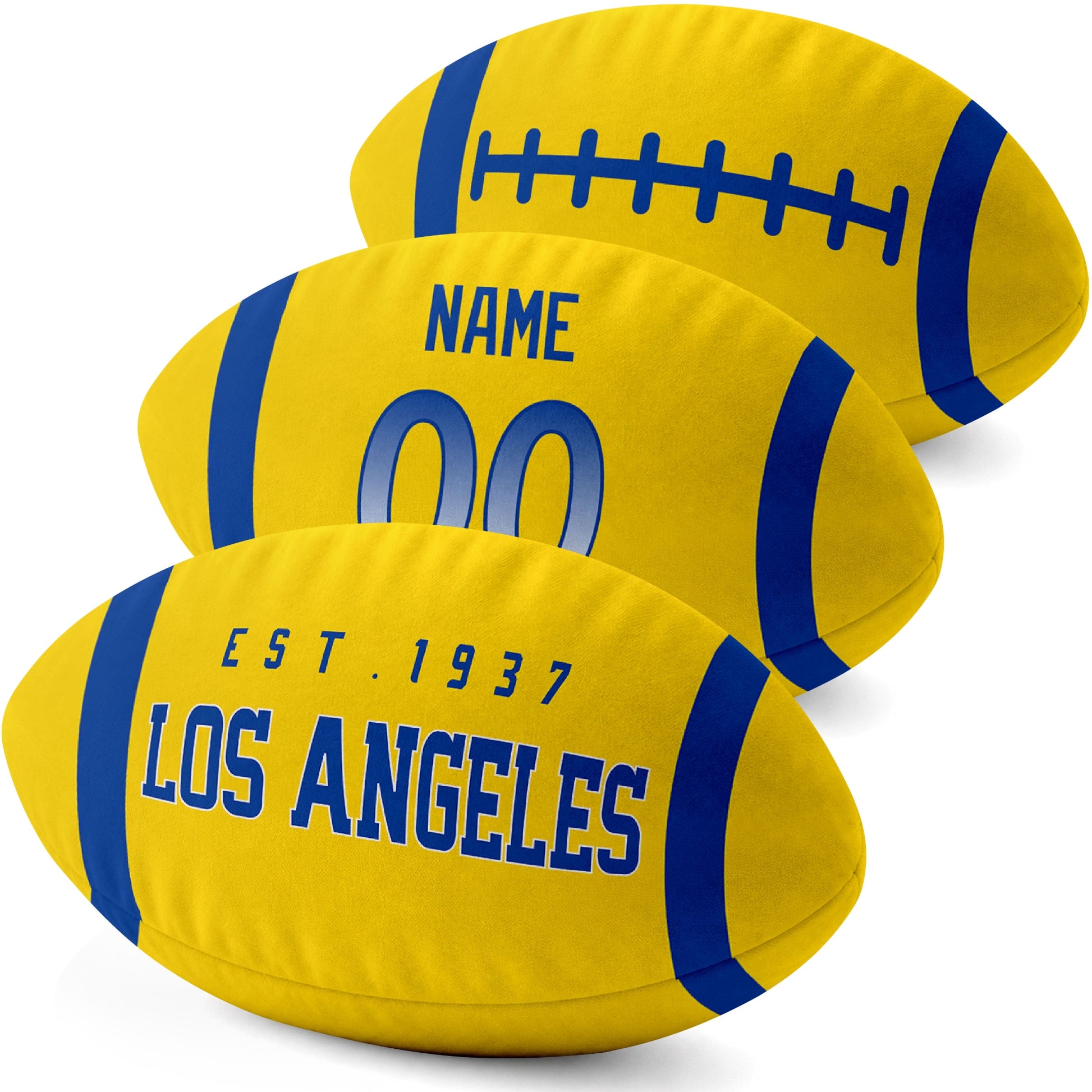 Los Angeles Royal personalized football pillow three color display highlighting the oval shape and contrasting end stripes