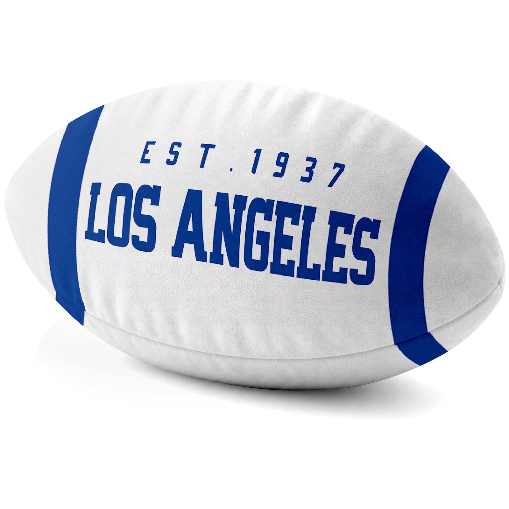 Los Angeles Royal White football shaped pillow city lettering side view