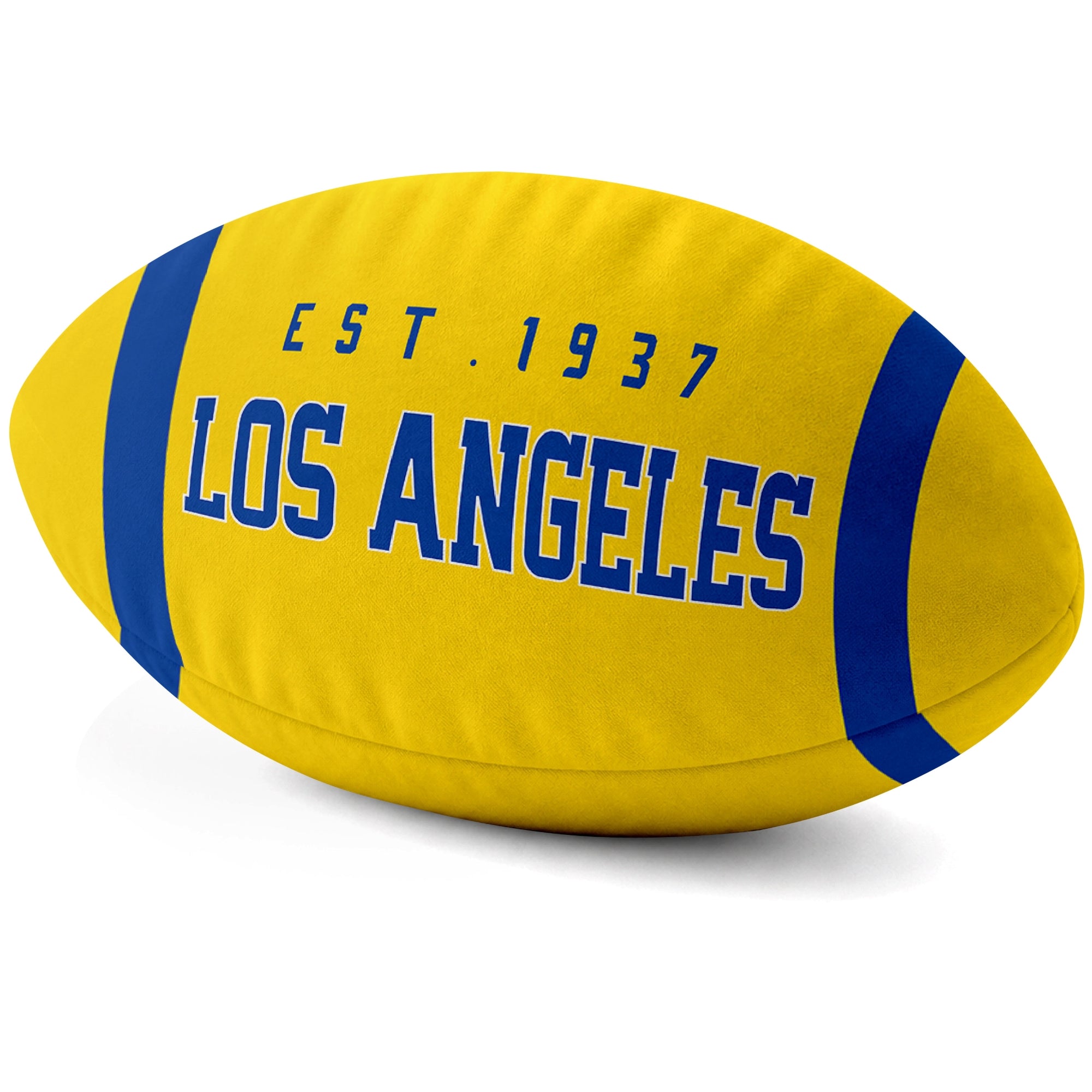 Los Angeles Royal Gold football shaped pillow city lettering side view