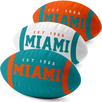 Miami personalized football shaped pillow collection in Aqua, White and Orange with city lettering