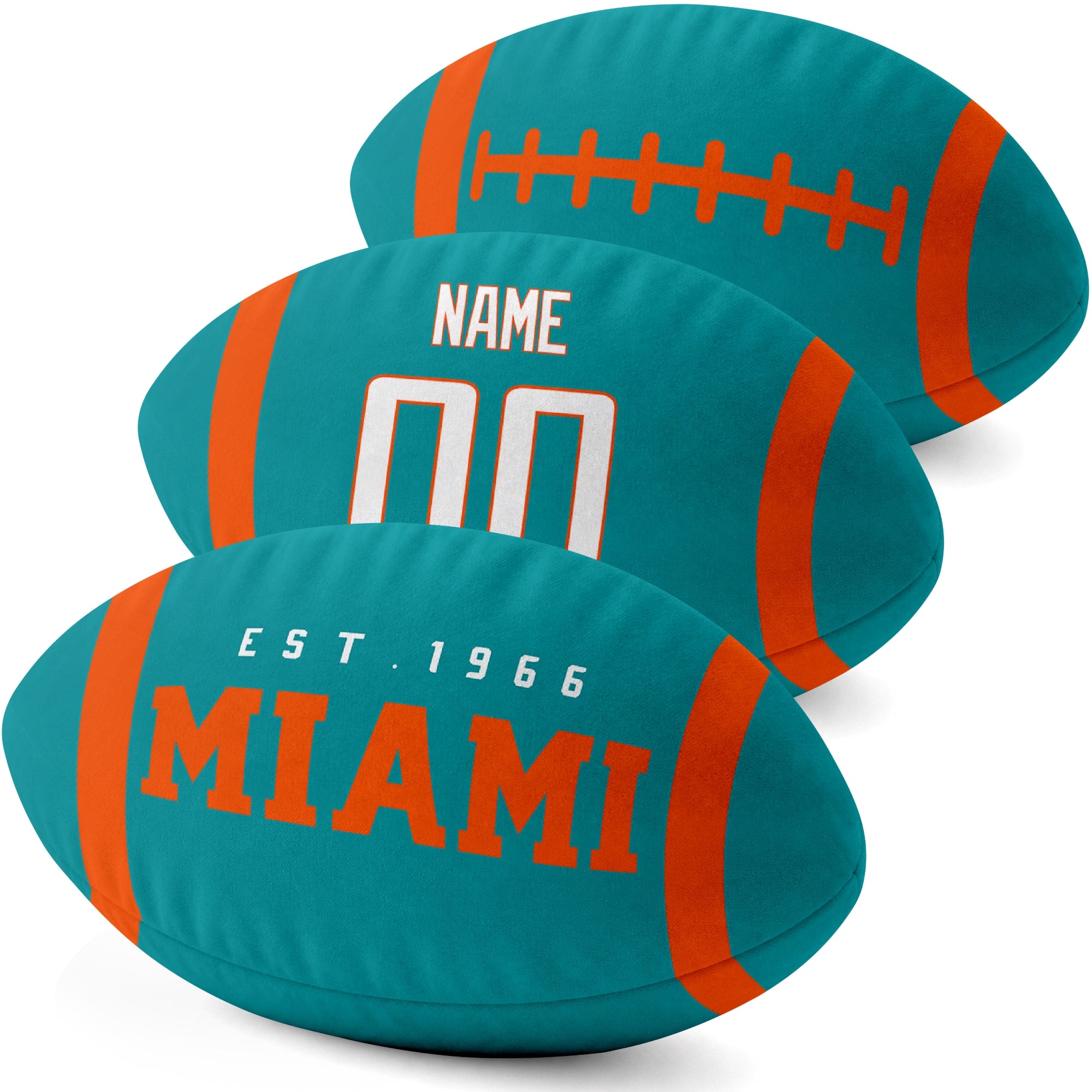 Miami personalized football shaped pillow three color angle display with city side custom name number side and lace detail