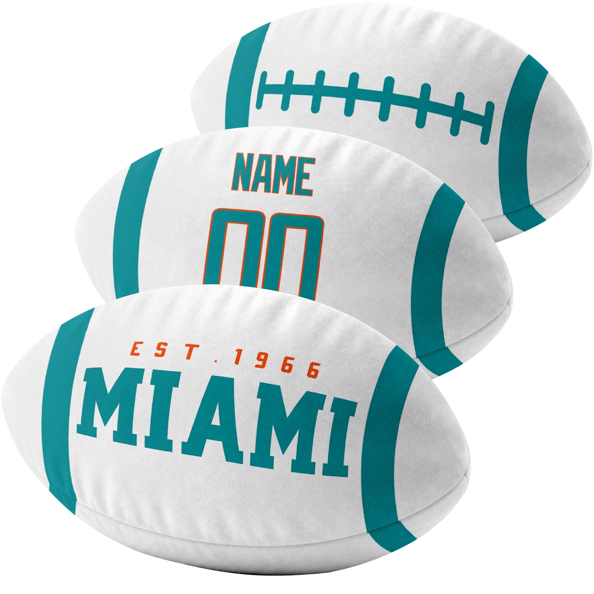 Miami custom football pillow multi angle comparison in Aqua, White and Orange