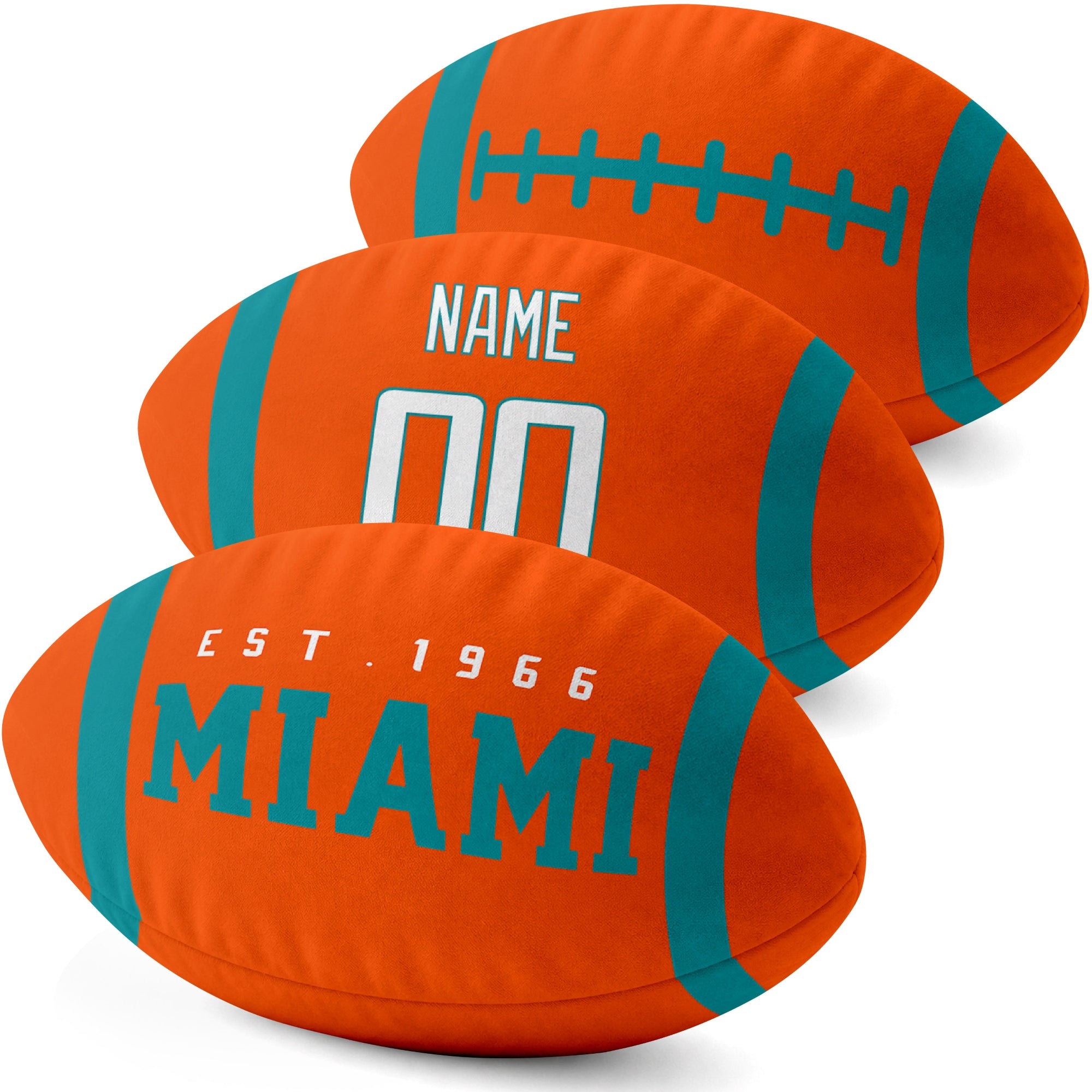 Miami personalized football pillow three color display highlighting the oval shape and contrasting end stripes