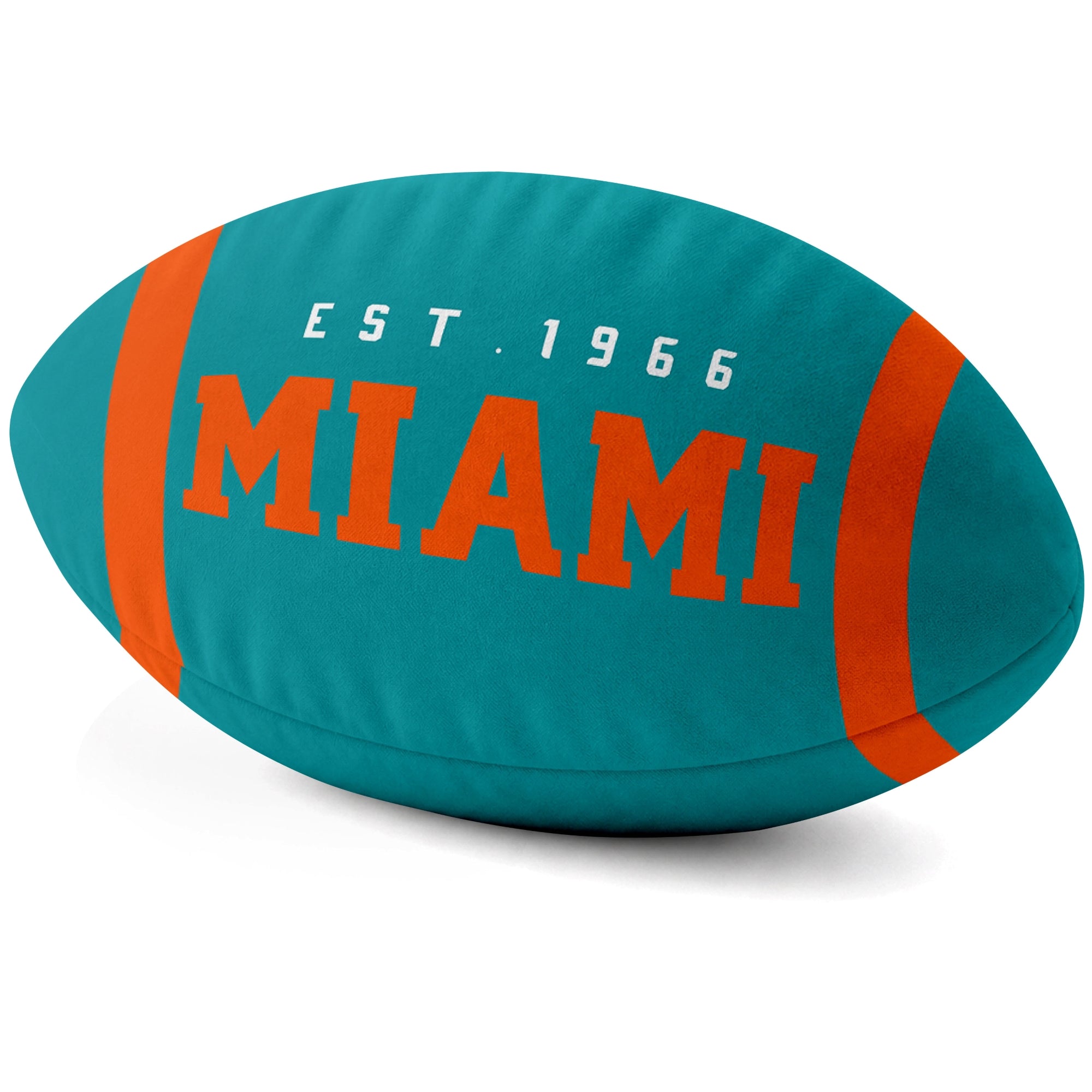 Miami Aqua football shaped pillow city lettering side view