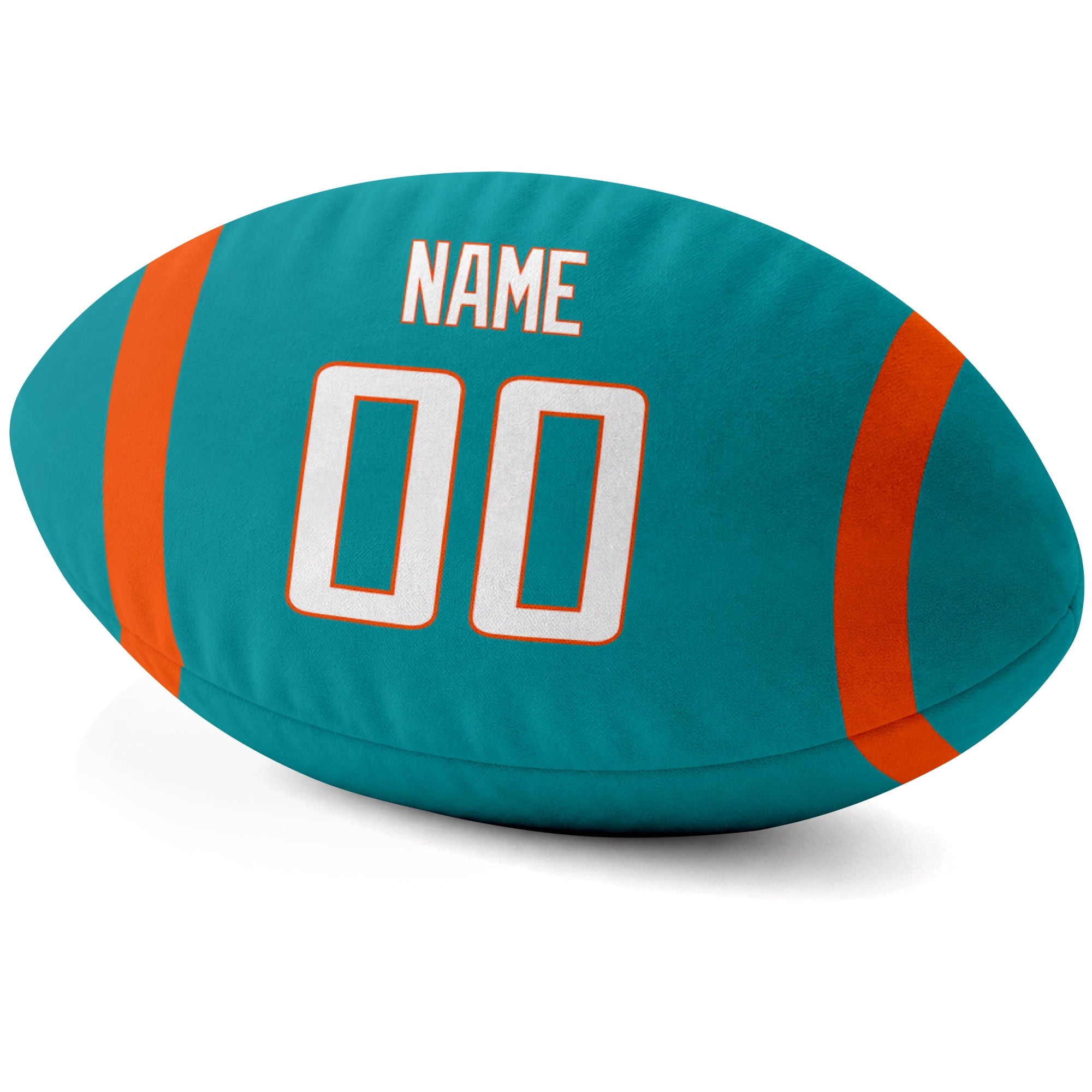 Miami Aqua personalized football pillow custom name and jersey number side view