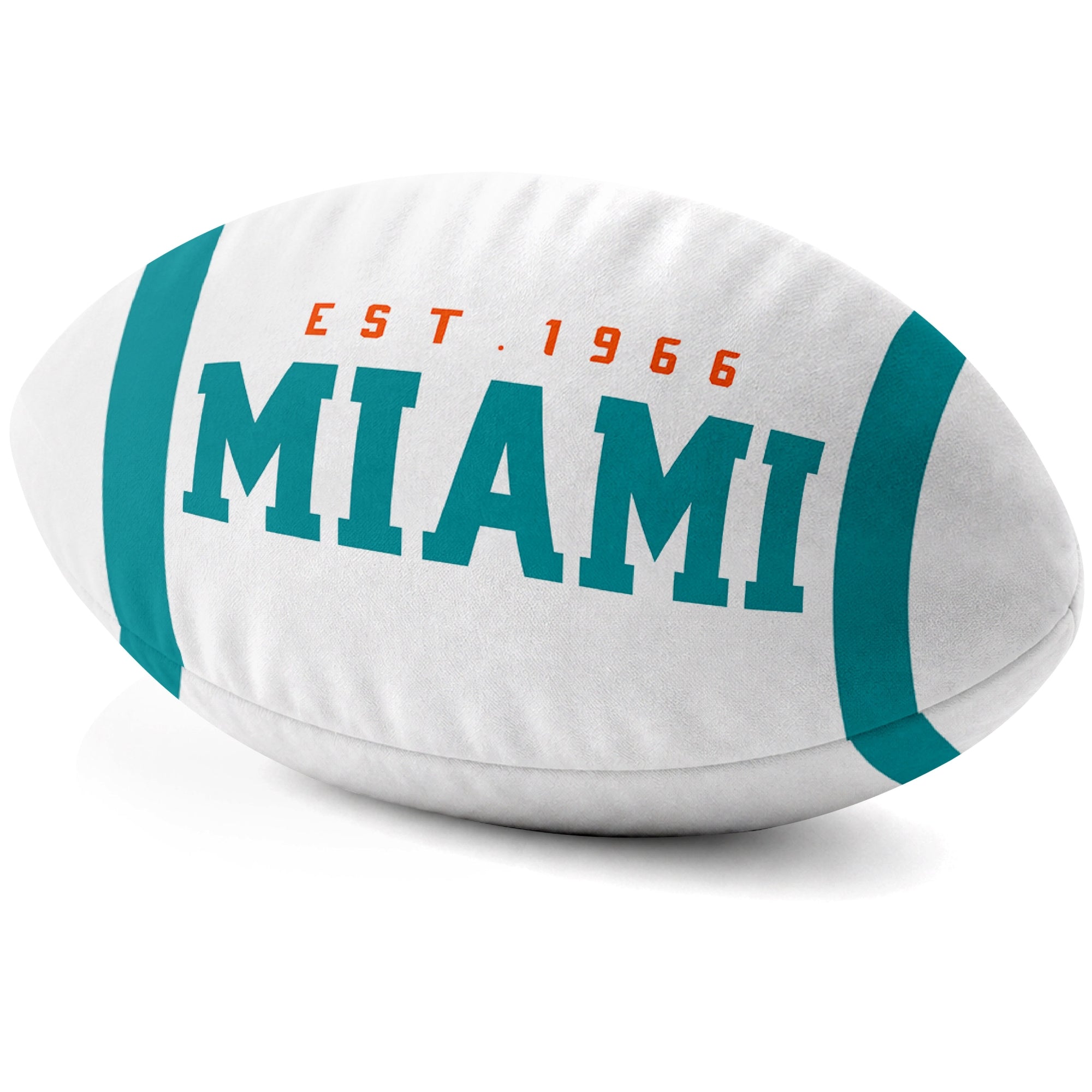 Miami White football shaped pillow city lettering side view