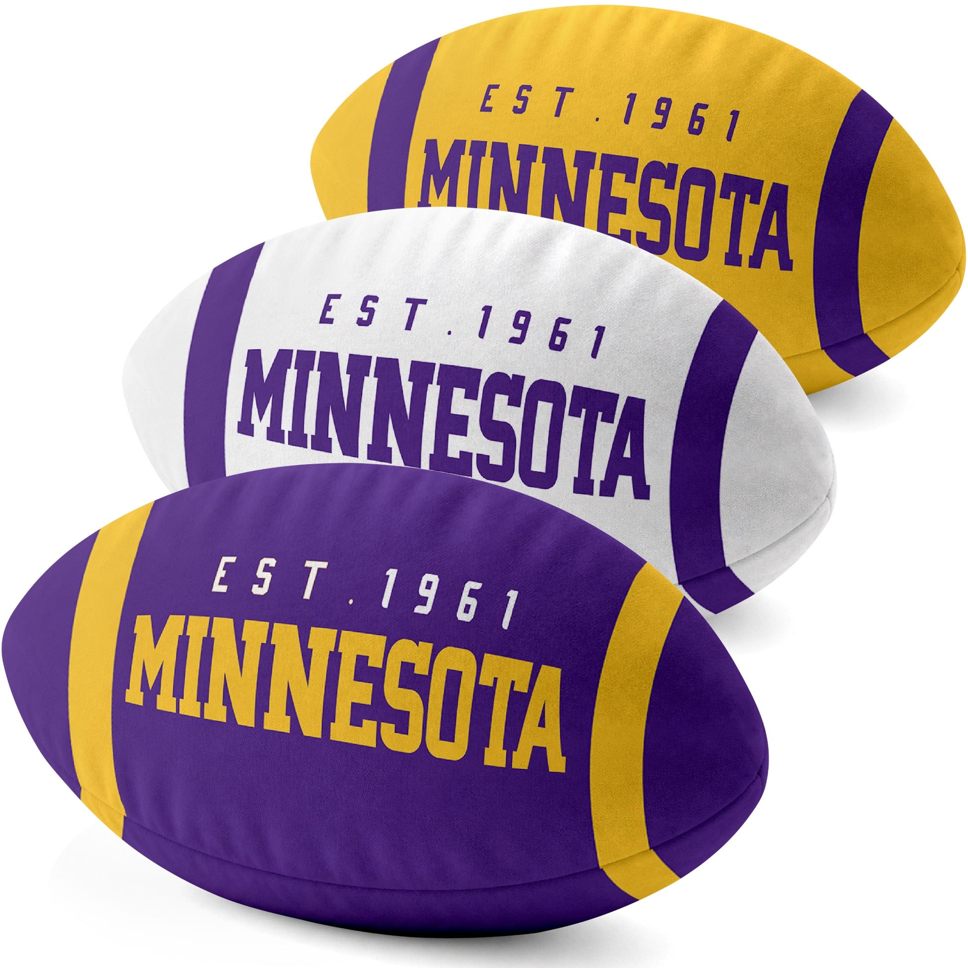 Minnesota personalized football shaped pillow collection in Purple, White and Gold with city lettering