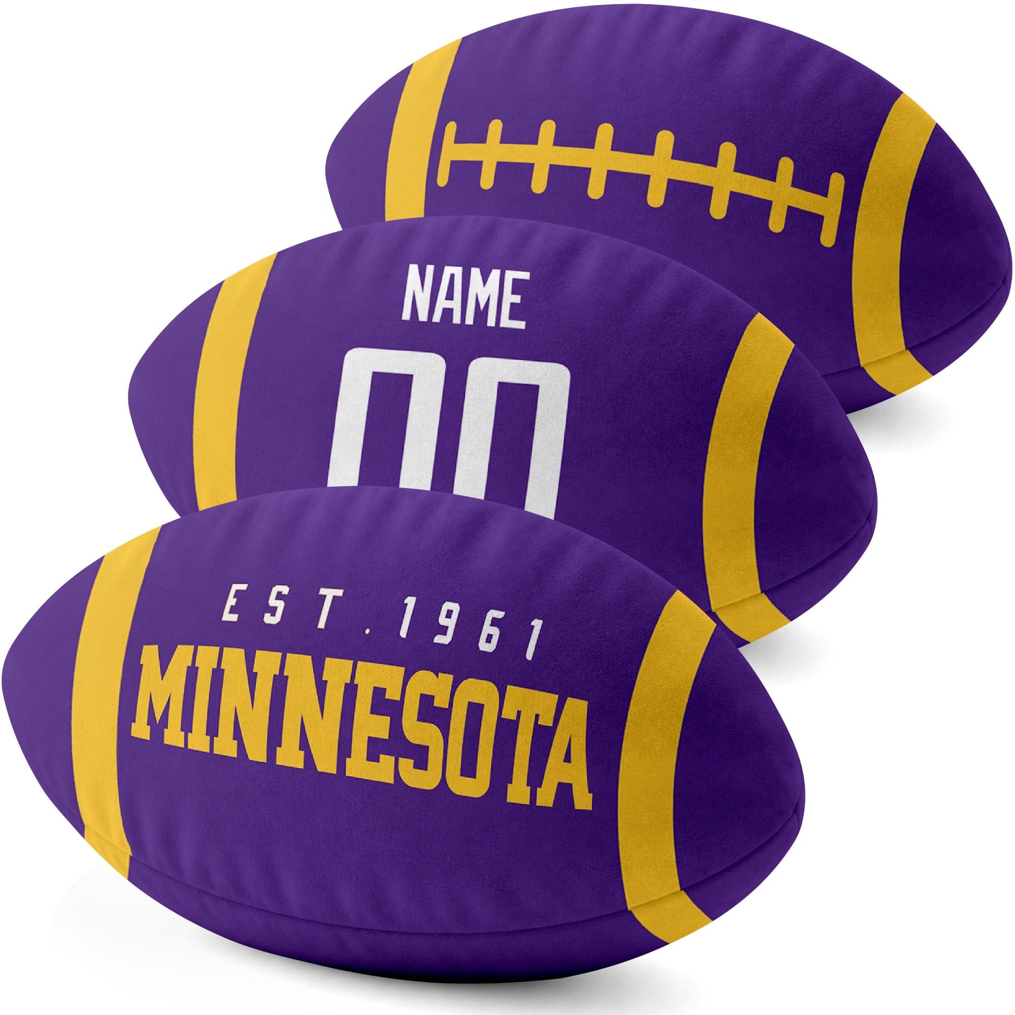 Minnesota personalized football shaped pillow three color angle display with city side custom name number side and lace detail