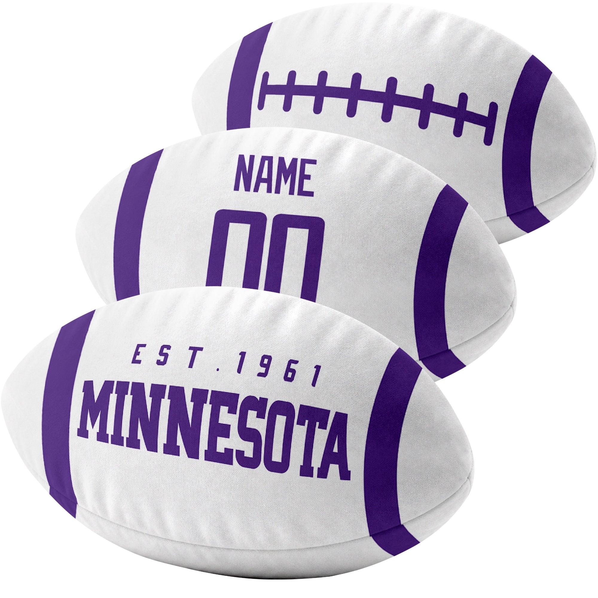 Minnesota custom football pillow multi angle comparison in Purple, White and Gold