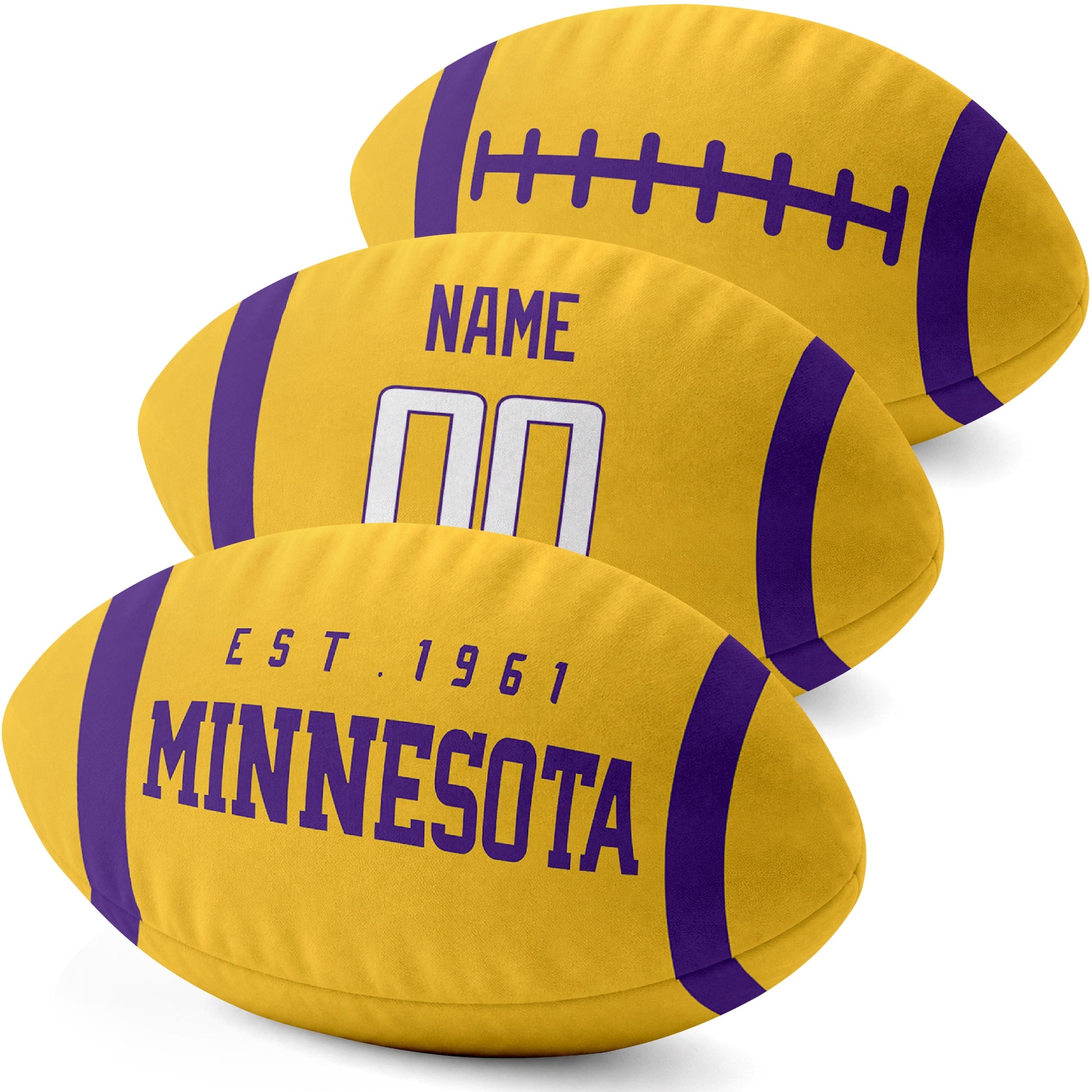 Minnesota personalized football pillow three color display highlighting the oval shape and contrasting end stripes