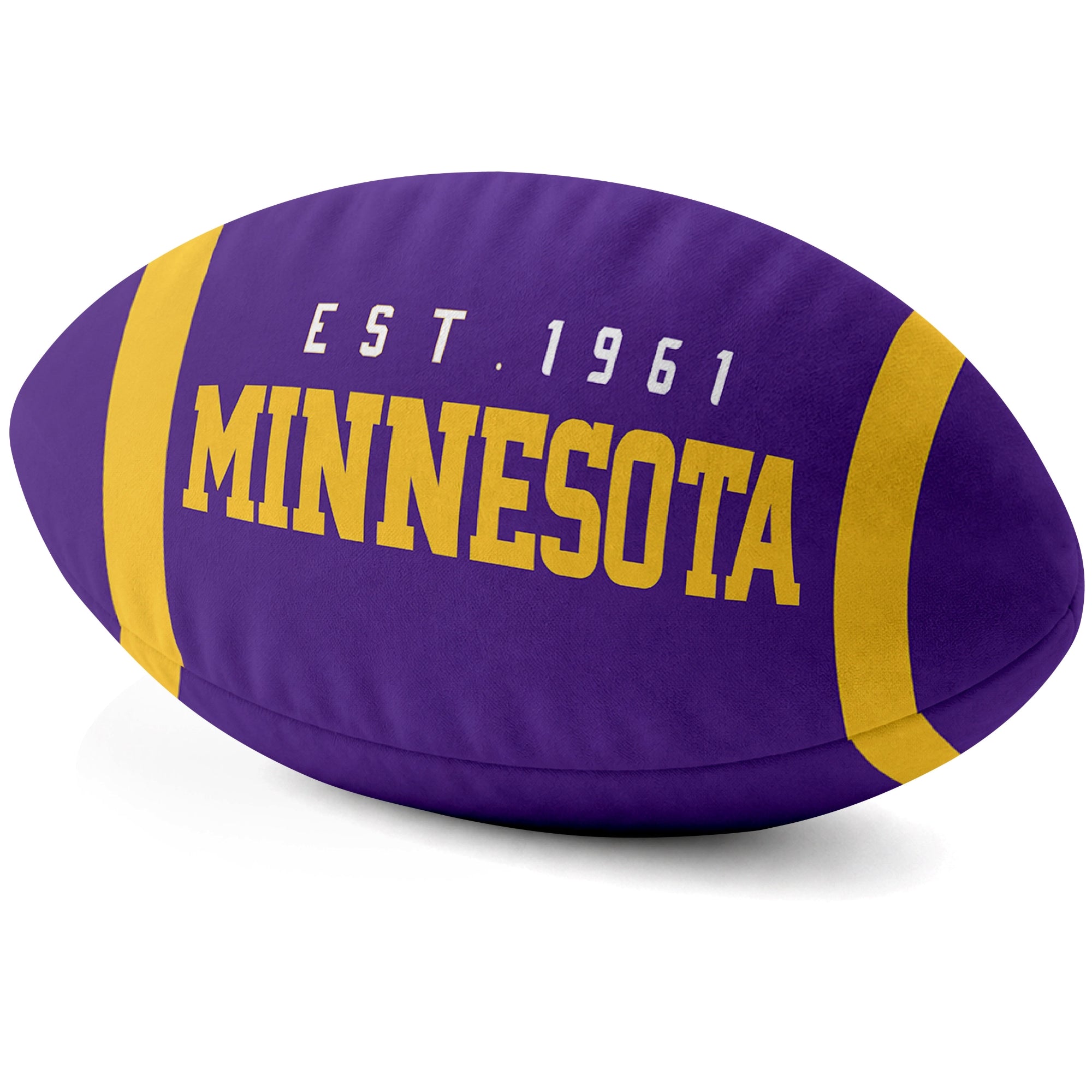 Minnesota Purple football shaped pillow city lettering side view