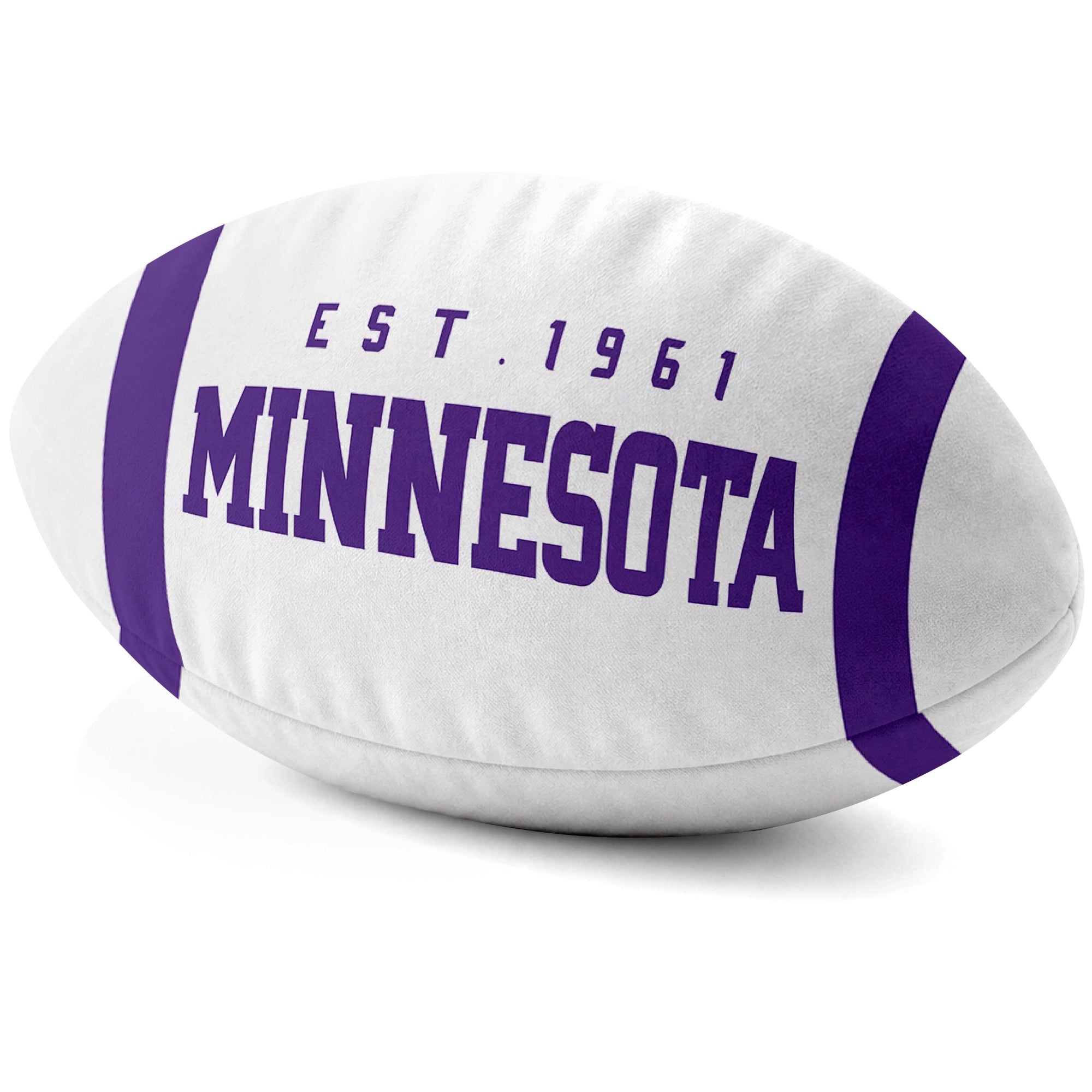 Minnesota White football shaped pillow city lettering side view