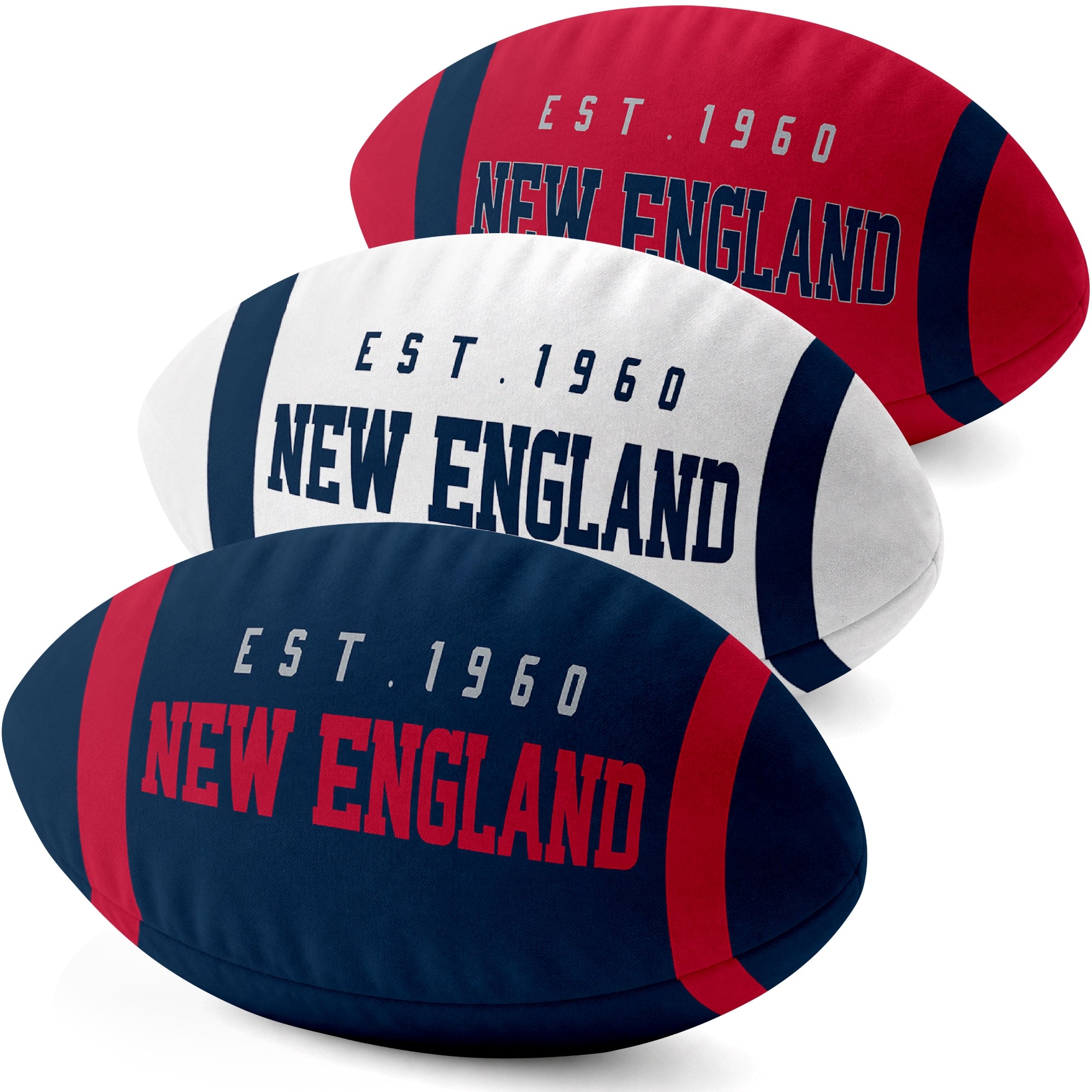 New England personalized football shaped pillow collection in Navy, White and Red with city lettering