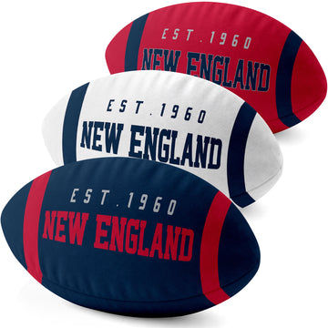 New England personalized football shaped pillow collection in Navy, White and Red with city lettering