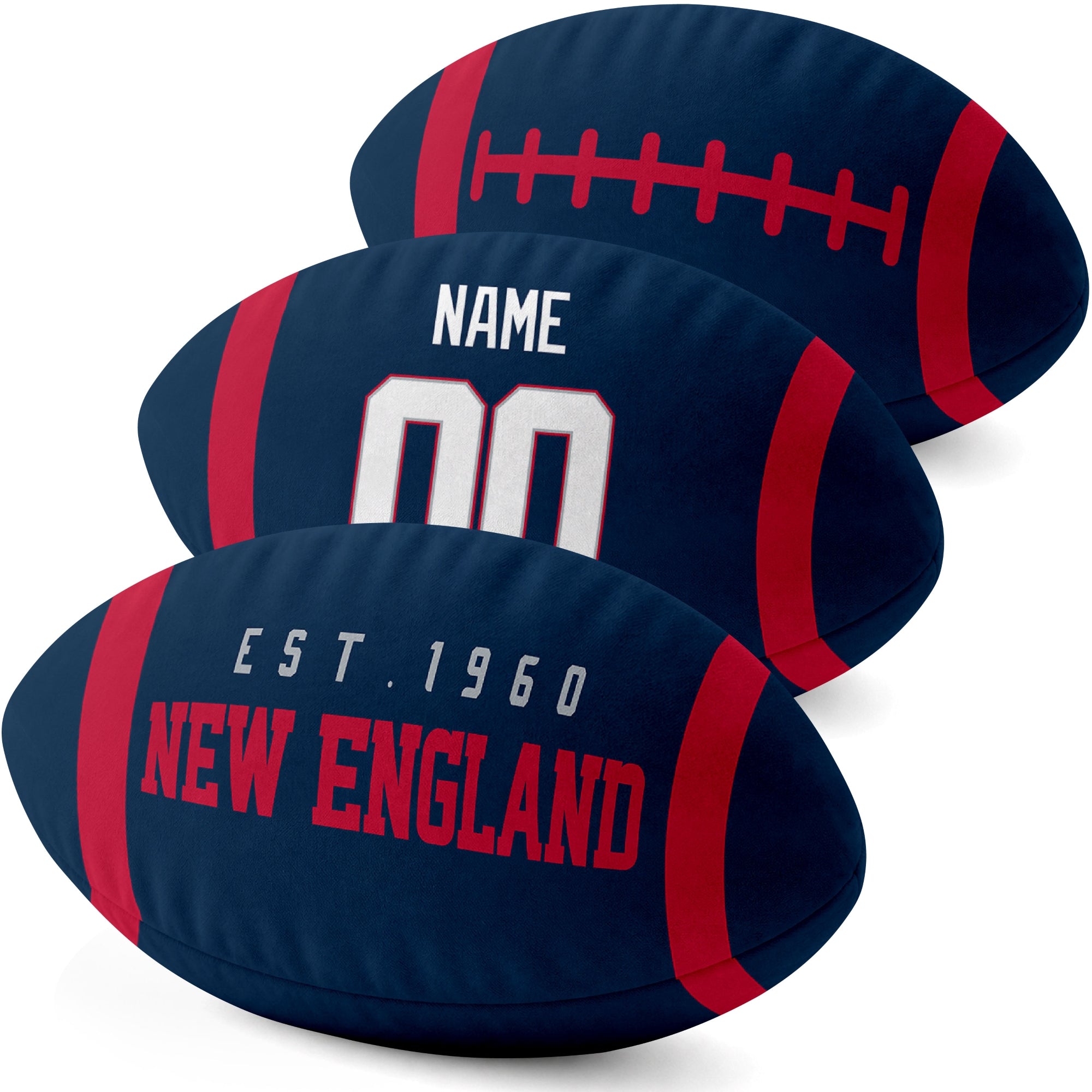 New England personalized football shaped pillow three color angle display with city side custom name number side and lace detail