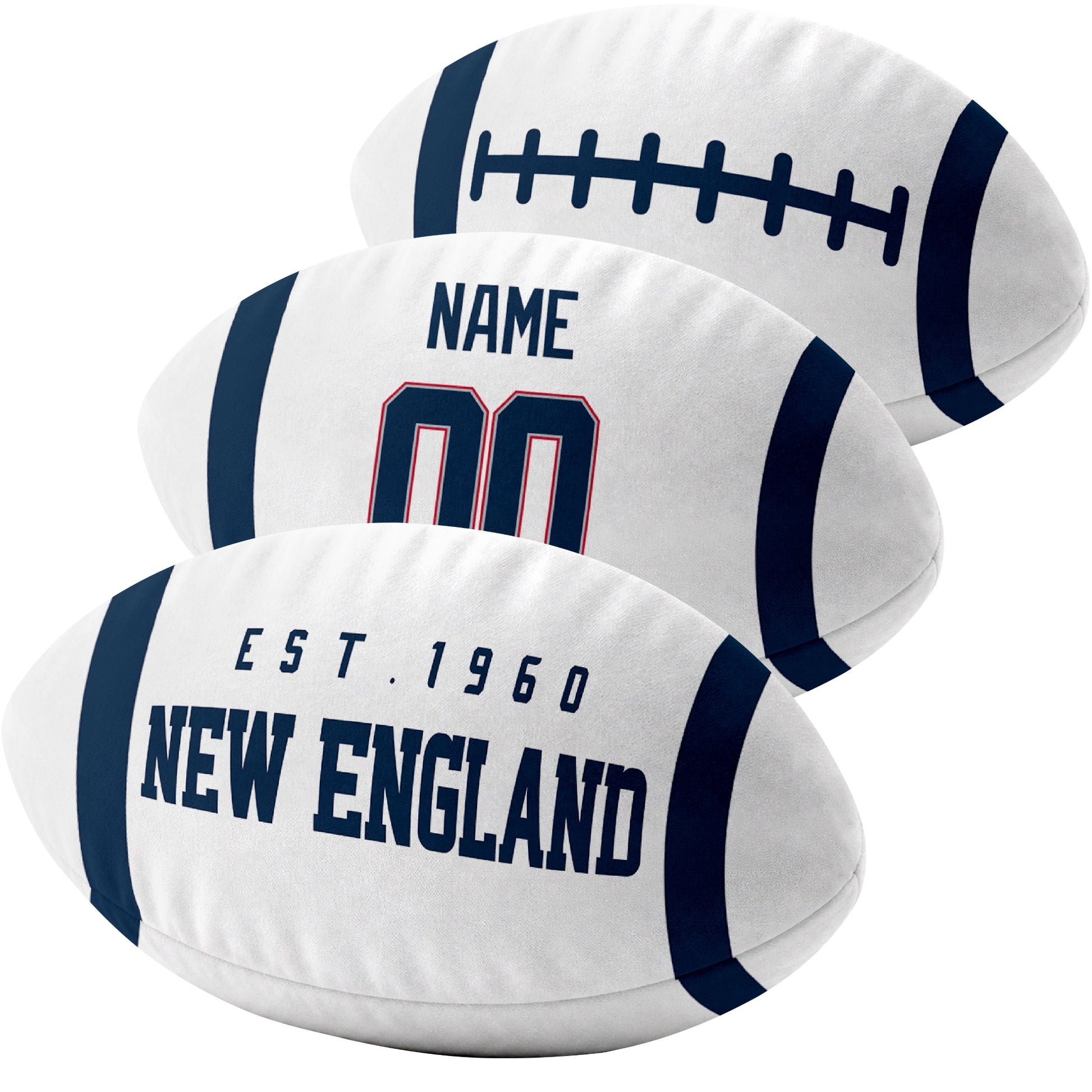 New England custom football pillow multi angle comparison in Navy, White and Red